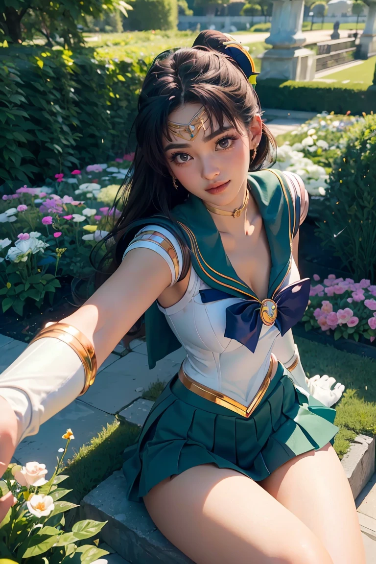 (Extreme Detail CG Unity 8K wallpaper, masterpiece, highest quality), (exquisite lighting and shadow, highly dramatic picture, cinematic lens effect), (Sailor Moon: 1.4), delicate facial features, charming smile, star eyes, ((dark green hair)), tight top, white gloves, mini skirt, dynamic pose, lying in the garden), (background in a garden full of flowers) (excellent detail, outstanding lighting, wide angle), (excellent rendering, enough to be proud of its kind),