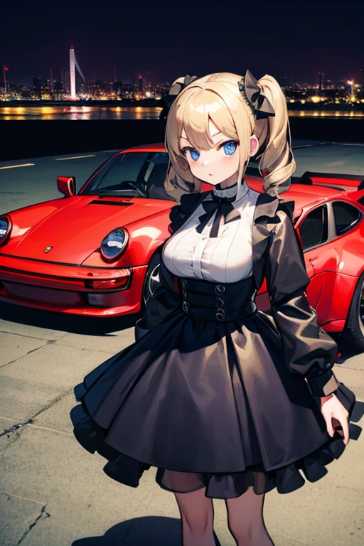 Highest quality,(perfect Porsche 911 Turbo 1.3),(A girl standing in side of a red Porsche 911 Turbo),City of night,one cute girl,Large Breasts,Blonde twin tails,blue eyes,Black Gothic Costume,mini skirt,Gothic Bonnet,