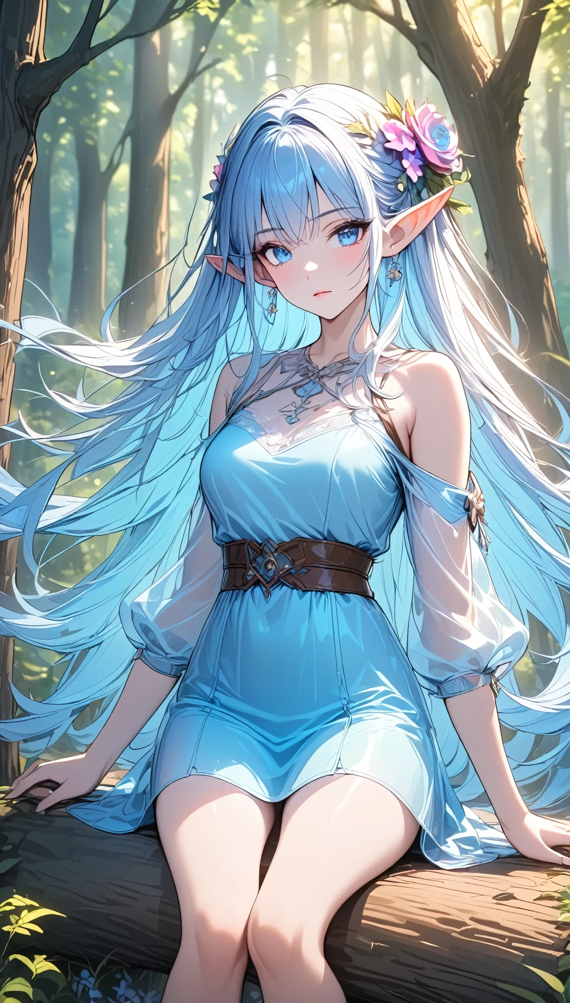 (masterpiece), high details, high quality, (best quality), (super detail), perfect detailed eyes, perfect detailed face, elf, light blue hair, messy hair, floating hair, big hair, very long hair, flower on head, pointy ears, Hanging Eyes, Hunter, Archer, Bow and arrow, In the forest, sunlight filtering through the trees, feet on a stump, A dress that exposes the shoulders