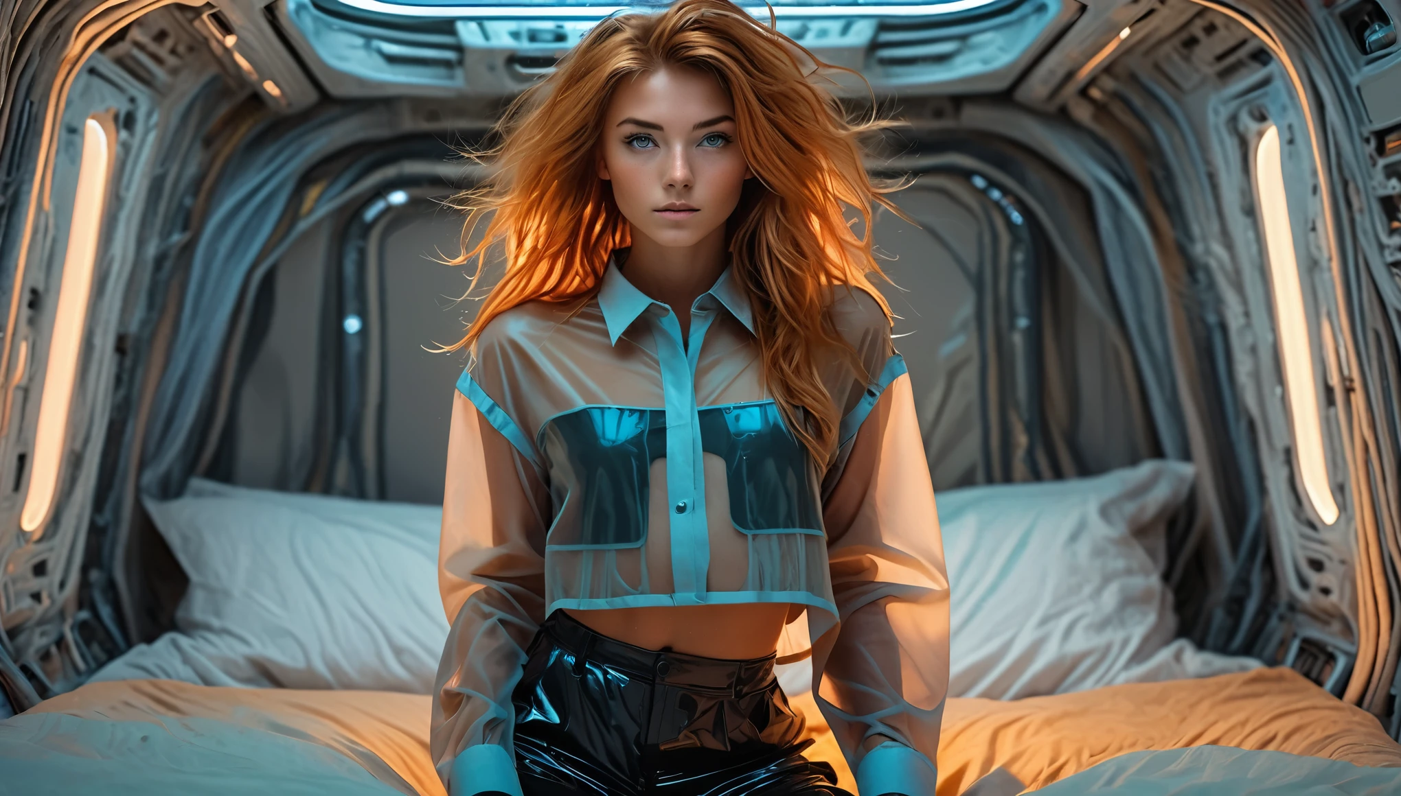 Top Quality, Masterpiece, High Resolution, 8k, (((skinny girl in an oversized sheer rubber crop shirt with plunging cleavage, see-through, wide neckline, deep neckline, small natural breasts, beautiful detailed eyes, small closed mouth, extremely detailed face, random red hair style, small hips, in a spaceship, on the bed, random color))), intricate details, at night, random pose, random neon colors, full body view