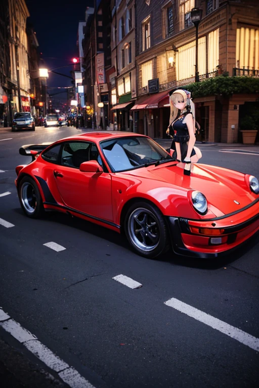 Highest quality,(perfect Porsche 911 Turbo 1.3),(A girl standing in side of a red Porsche 911 Turbo),City of night,one cute girl,Large Breasts,Blonde twin tails,blue eyes,Black Gothic Costume,mini skirt,Gothic Bonnet,perfect car,