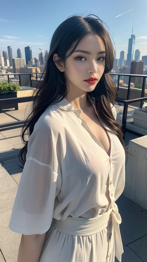 ​masterpiece、top-quality、realisitic、(A hyper-realistic), (illustratio), (hight resolution), (8K), (ighly detailed), (The best illustrations), (beatiful detailed eyes), (top-quality), (ultra-detailliert), (​masterpiece), (wall-paper), (详细的脸), a bed、Upper body close-up,Armpit, A smile,Plump,独奏,（Wearing a silk plunged open shirt:1.5）, full of sweat, japanes, large full breasts, (camel's toe)、huge-breasted、Luxury living room、Detailed white teeth、ultimate beauty girl、No bra、（Thick necklace of gold）、perfect teeth、Brown hair、Light makeup、Navel、She's wet、soaked、