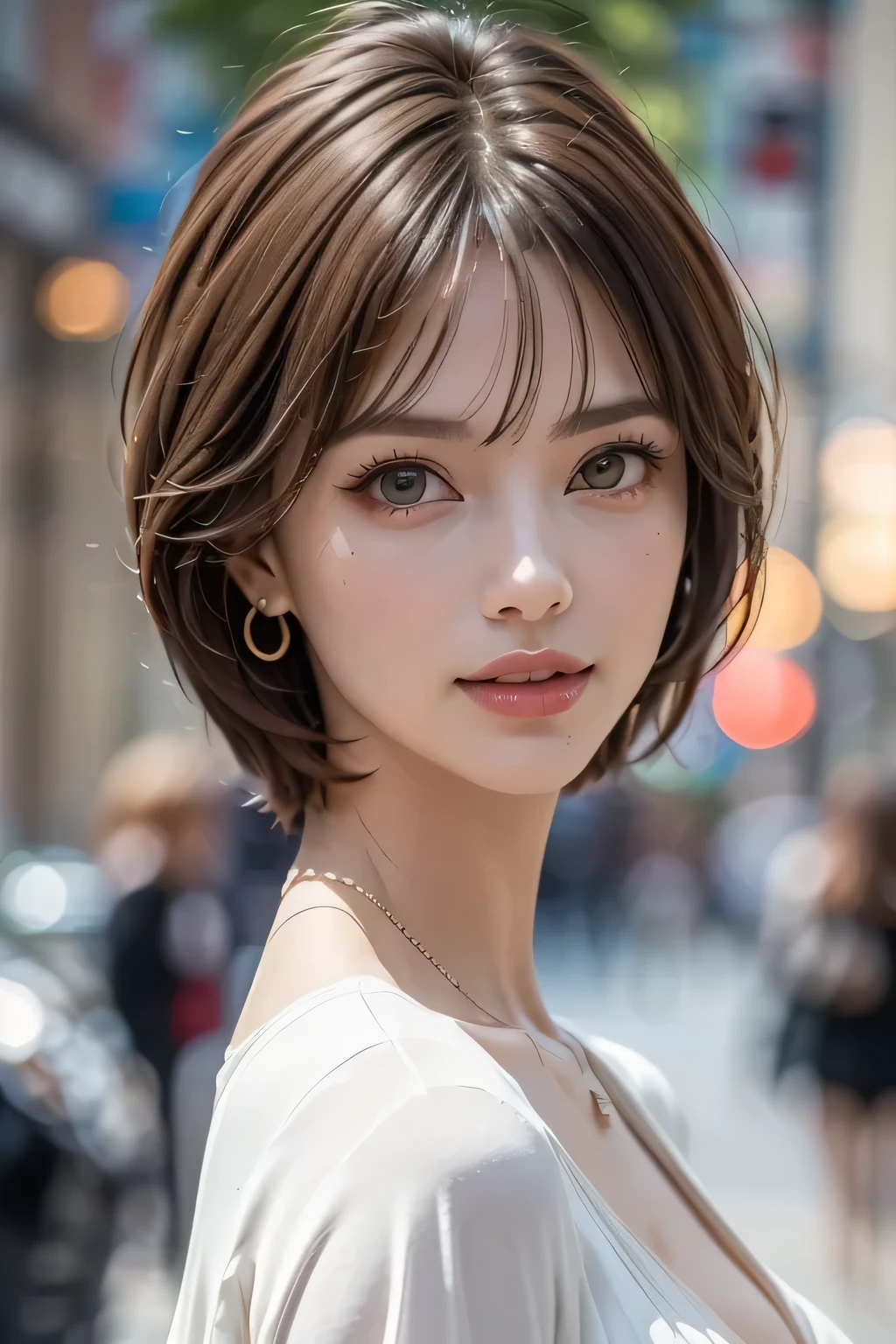 (1. Beautiful woman, Supermodel), (Perfect Anatomy), Anatomically correct body shape, (Cowboy Shot), Golden Ratio, (Best Quality:1.4), 32k resolution, (Realistic:1.5), (超Realistic:1.5), High resolution UHD, (masterpiece:1.2)), (Improved quality:1.4), (Very beautiful facial details), (Green), (Best QualityのRealisticな肌のテクスチャ), ((Random color silk dress:1.37)), Big earrings, necklace, (Huge breasts:1.3), Very detailed, Beautiful Eyes, Double eyelids, eyelash, Shaping your eyebrows, ((Very detailed)), Red cheeks, Ultra-realistic eyes, Perfect Lips, Perfect Eyes, Perfect Iris, Natural Makeup, [Pink lipstick], ((A great eye for quality:1.2)), (Beautiful Lips:1.33), (Great nose:1.2), (brunette pixie cut), ((Realistic)), ((Sharp focus)), (Highest Resolution), ((The most ridiculous quality)), ((masterpiece)), Professional Cinema Lighting
