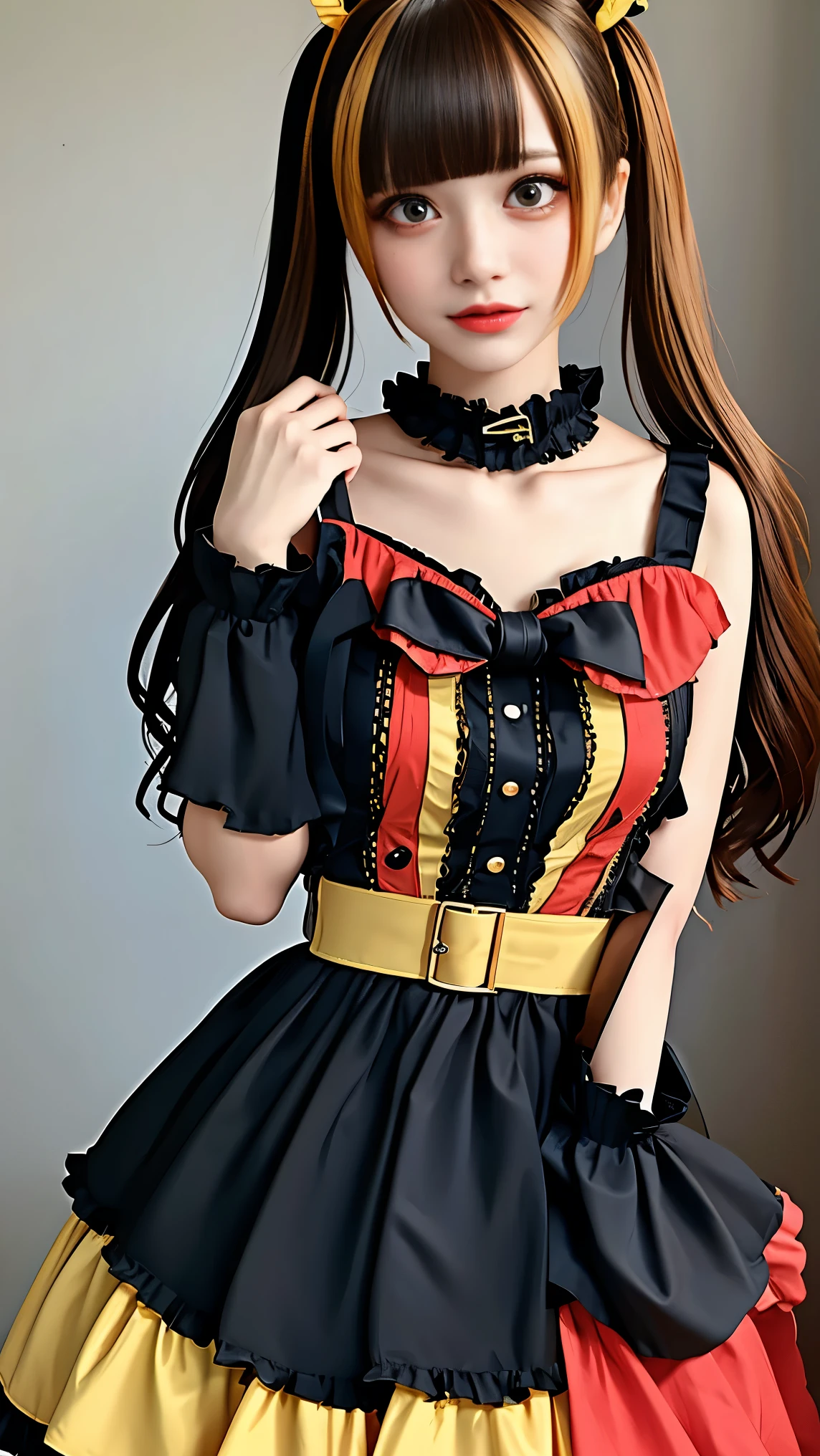 ulzzang-6500-v1.1,(raw photo:1.2),((photorealistic:1.30)), ((best quality)) ,((masterpiece)),((Ultra High Resolution)), ((Clear View)),,Ultra-high resolution,Clear face,（Reality：1.4) ,  illustration, an extremely delicate and beautiful, extremely detailed ,CG ,unity ,8k wallpaper, Amazing, finely detail, masterpiece,best quality,official art,extremely detailed CG unity 8k wallpaper,absurdres, incredibly absurdres, huge filesize, ultra-detailed, highres, extremely detailed,beautiful detailed girl, extremely detailed eyes and face, beautiful detailed eyes,light on face,cinematic lighting, kurumi tokisaki astral dress, (tokisaki kurumi:1.2), long hair, black hair, (red eyes:1.3), (twintails:1.5), (yellow eyes:1.3), hairband, (heterochromia:1.5), dress, (red dress:1.5), bare shoulders, collarbone, choker, bowtie, red bowtie, detached sleeves, corset, frills,