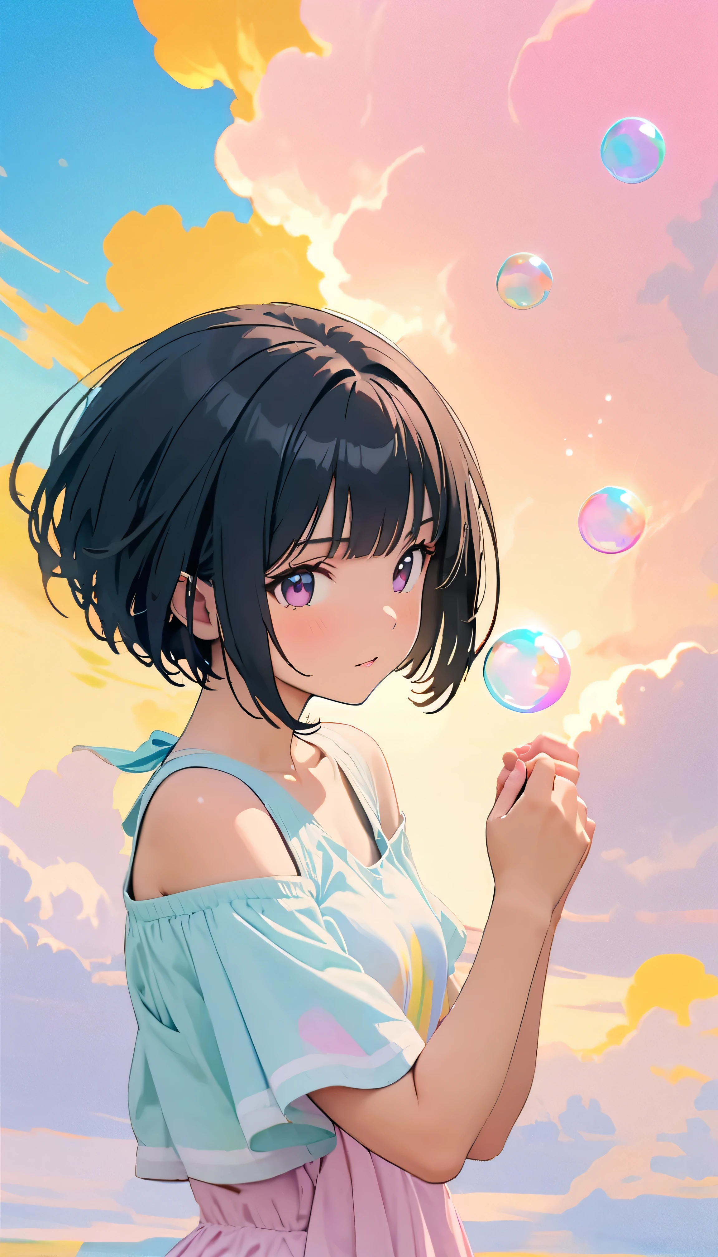 Best Quality, Super Fine, 8k, Unbelievably absurd, Very detailed, 2.5D, Beautiful Goddess, Soap bubbles, Pastel colored clouds, Sunshine, Pop Art, Delicate and dynamic, Pastel Color Fantasy, Black Hair？Bobcut, Very young, Small breasts, Official Art