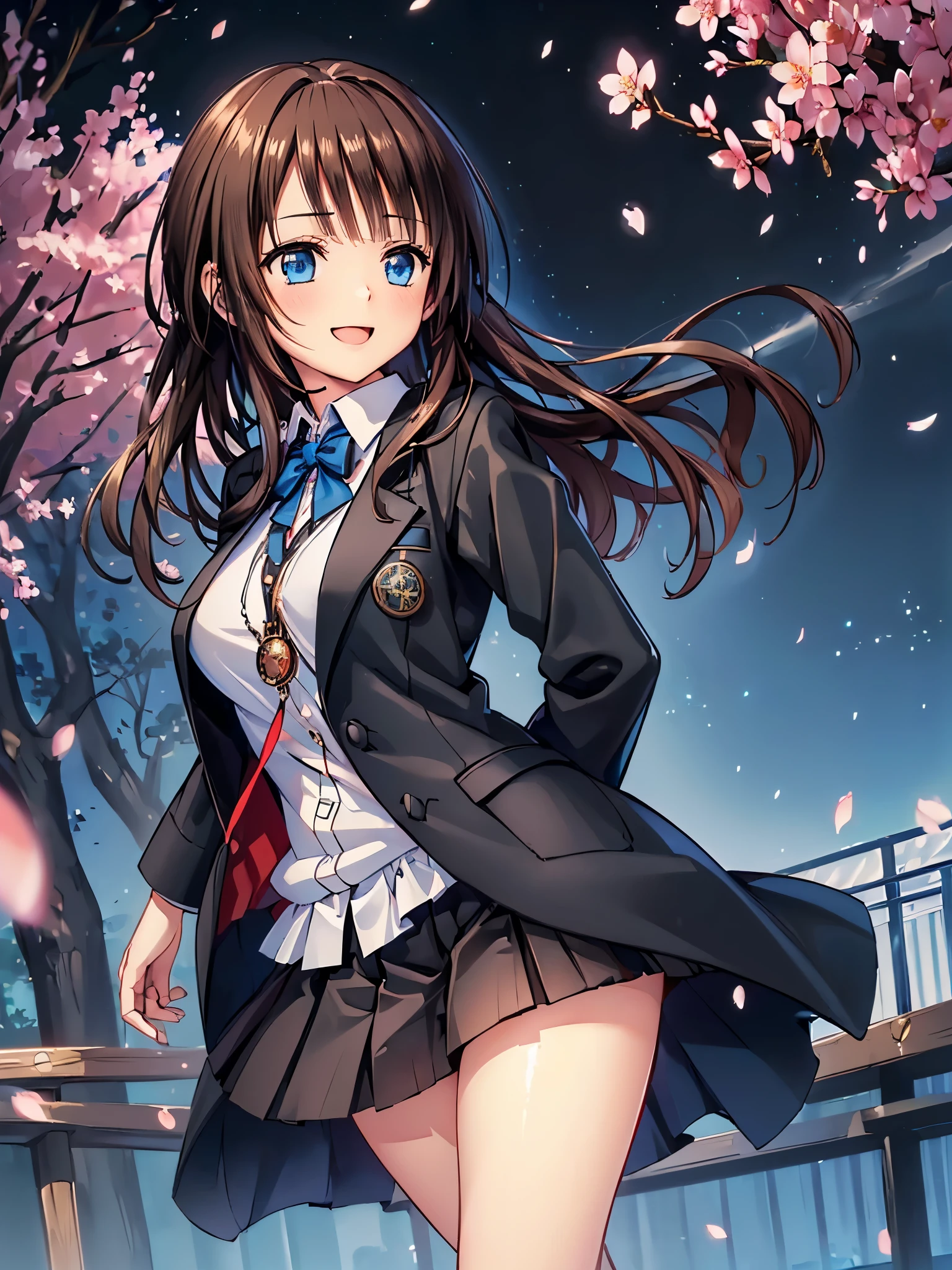 ((Blue slant eyes:1.3)),((Black coat:1.3)),Beautiful and cute 1 girl,(16k,Ultra-high resolution,Best Quality,masterpiece,Very detailed,Extremely clear CG),Perfect Eyes:1.3,Very detailed顔の特徴:1.3, Beautiful and perfect face:1.3,Anatomically correct body,(Beautiful glossy brown hair:1.3)),A park with cherry blossom petals falling in the air late at night,Cherry tree and full moon,,((Huge pocket watch:1.3)),((Dress shirt:1.3)),((Red pleated skirt:1.3)),((Black blazer:1.3)),uniform,((Beam with laughter:1.3)),Laughing with your mouth open,cowboy shot:1.3,((Place your arms behind your back.:1.3)),cardigan