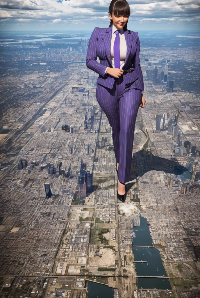 Young massive Gigantic giantess woman bigger the whole cities, beautiful curves a massive thighs, hair in a long fishtail braid, lipstick wearing a perfect perfect tailored grey pinstriped trouser suit and blazer, crisp white shirt and large broad purple windsor knot tie,colossal breasts. Platform high heels , standing, giantess art, full body view, highly detailed massive giantess shots dwarfing cities, giantess, most detailed, perfect face, Two legs, Five fingers, short hair, A girl who is bigger than a skyscraper, standing on very small city new york, skyscarpers at their feet, skyscrapers small, smile, huge breasts, major metropolis, numerous cities, , A very small big city, Miniature metropolis, Full body description, GTS, giga giantess, gigagts, stomping city, crash city, tiny city, micro city, , High resolution, highest quality, masterpiece,  tiny destroyed skyscrapers city, illustration, skyscrapers size of small toys standing behind and very far away from city, (masterpiece, best quality, best shadows, best shading, perfect hands, perfect face, cinematic lighting, colorful, ultra-detailed, beautiful photography, character focus, extremely-detailed, photorealistic, hyper photorealism, atmospheric), ), (giantess, stereotypical office boss), (dirty, filthy, unwashed, sweaty, unkempt, happy, tired, exhausted, annoyed), ((walking, mid stride:1.2, stepping down on:1.2, stomping, crush, rampage)), (black patent Louboutin rounded toe pumps, high heels, platform heels), ((,)), ((long ponytail hair with front bangs)), (high altitude photography, satellite view), (curvy, , heaving bosom, legs), (mega city, urban sprawl, and small towns, buildings, roads), (((cloudy, overcast, clouds and atmosphere partly obscuring the subject:1.2, hazy atmosphere, haze in foreground, wispy clouds))) footprints warzone 