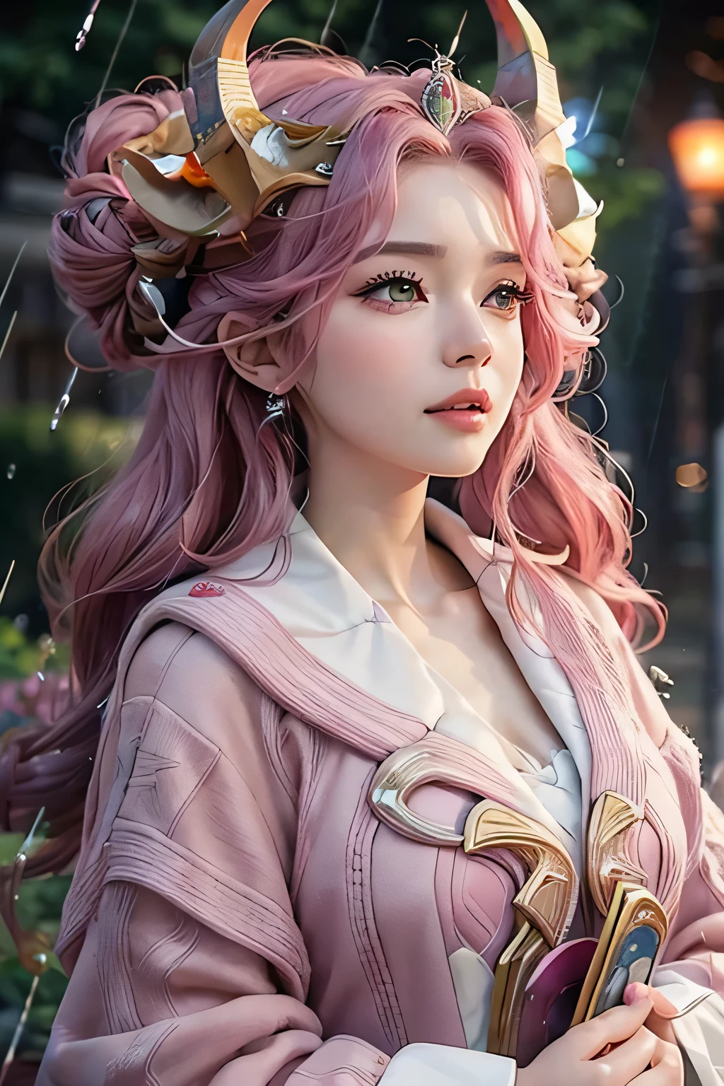 a close up picture of a woman's face looking towards the sky, as she looks up the (rain drops: 1.3) fall on her face, a very beautiful woman, long hair, pink hair, wavy hair, (elegant make up: 1.3) wet hair,pink eyes, she wears an elegant, intricate dress, there is a sense of joy on her face, an urban street at night. cloudy night, horns, large breasts