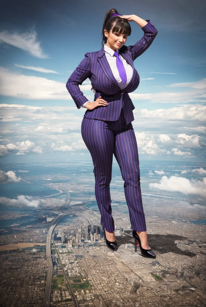 Young massive Gigantic giantess woman bigger the whole cities, beautiful curves a massive thighs, hair in a long fishtail braid, lipstick wearing a perfect perfect tailored grey pinstriped trouser suit and blazer, crisp white shirt and large broad purple windsor knot tie,colossal breasts. Platform high heels , standing, giantess art, full body view, highly detailed massive giantess shots dwarfing cities, giantess, most detailed, perfect face, Two legs, Five fingers, short hair, A girl who is bigger than a skyscraper, standing on very small city new york, skyscarpers at their feet, skyscrapers small, smile, huge breasts, major metropolis, numerous cities, , A very small big city, Miniature metropolis, Full body description, GTS, giga giantess, gigagts, stomping city, crash city, tiny city, micro city, , High resolution, highest quality, masterpiece,  tiny destroyed skyscrapers city, illustration, skyscrapers size of small toys standing behind and very far away from city, (masterpiece, best quality, best shadows, best shading, perfect hands, perfect face, cinematic lighting, colorful, ultra-detailed, beautiful photography, character focus, extremely-detailed, photorealistic, hyper photorealism, atmospheric), ), (giantess, stereotypical office boss), (dirty, filthy, unwashed, sweaty, unkempt, happy, tired, exhausted, annoyed), ((walking, mid stride:1.2, stepping down on:1.2, stomping, crush, rampage)), (black patent Louboutin rounded toe pumps, high heels, platform heels), ((,)), ((long ponytail hair with front bangs)), (high altitude photography, satellite view), (curvy, , heaving bosom, legs), (mega city, urban sprawl, and small towns, buildings, roads), (((cloudy, overcast, clouds and atmosphere partly obscuring the subject:1.2, hazy atmosphere, haze in foreground, wispy clouds))) footprints warzone 