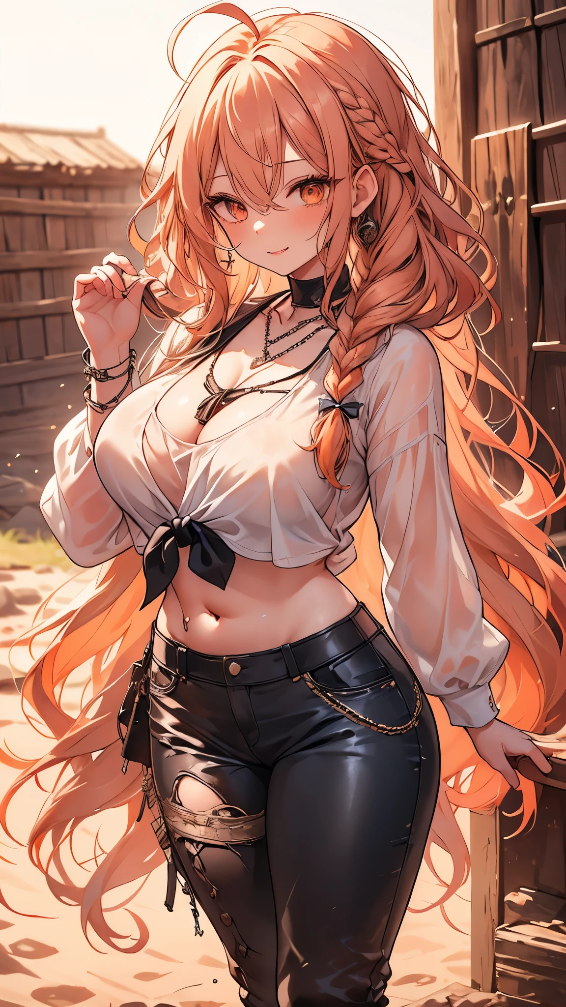 masterpiece, 1 girl, a light red-haired woman kept in a braid, wearing white shirt and black pants with tie clothes, long hair, messy hair, plump body, he close her left eye, shirt ornament, orange eyes, ahoge, sexy face, beautiful eyes, droopy eyes, her age is 27, nagisa_bluearchive, seductive face, long hair with one braid , calm smile, curly hair, MongolPunkAI, big breasts, view very close, grabbing her own breasts by her own hands, she very close to you, necklace, erotic body, barn, long sleeves, boots, navel, white background
