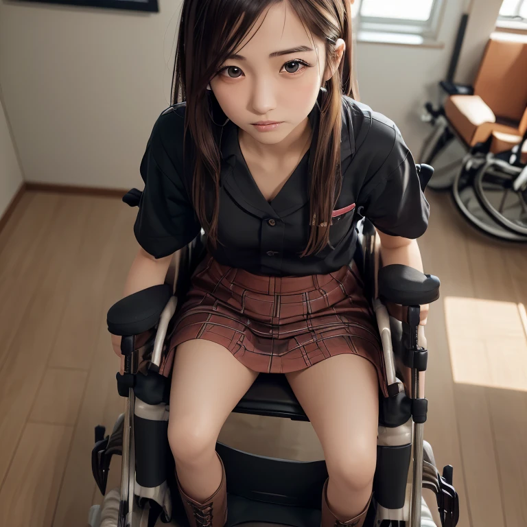 ((((realistic very cute japanese anorexic girls is on wheelchair:1.5))))),(((talking with friend and nurse friendly))),4K, 8K, (Masterpiece, best quality:1.2),Very realistic eyes, perfect face,24years old,(((thin girl:1.5))),(((skinny girl:1.5))),(((slim girl:1.5))),((small girl)),((childish girl)),shinny white skin,Narrow waist,((wearing dark gray hoodies,black and red plaid skirt,brown leather lace up boots)),blanket on lap,In the waiting room of a large hospital,((bird's eye view))