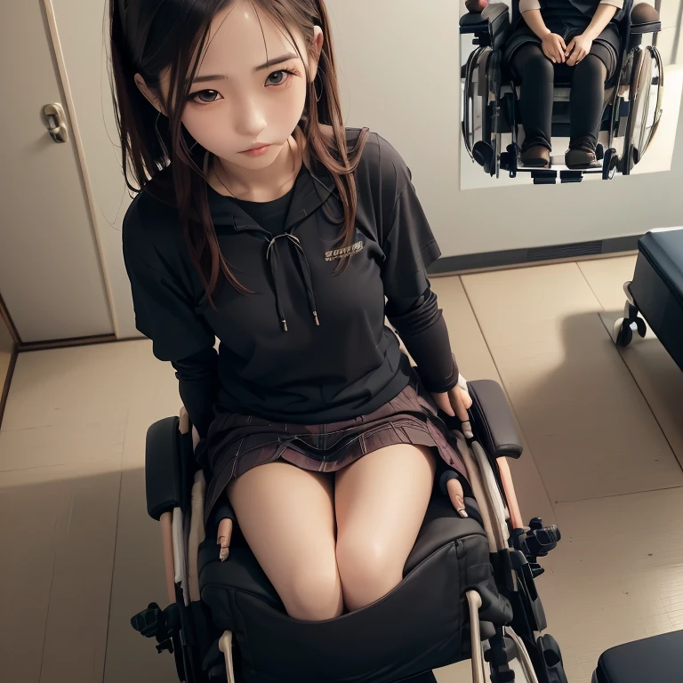 ((((realistic very cute japanese anorexic girls is on wheelchair:1.5))))),(((talking with friend and nurse friendly))),4K, 8K, (Masterpiece, best quality:1.2),Very realistic eyes, perfect face,24years old,(((thin girl:1.5))),(((skinny girl:1.5))),(((slim girl:1.5))),((small girl)),((childish girl)),shinny white skin,Narrow waist,((wearing dark gray hoodies,black and red plaid skirt,brown leather lace up boots)),blanket on lap,In the waiting room of a large hospital,((bird's eye view))