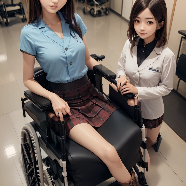 3girls,((((realistic very cute japanese anorexic girls is on wheelchair:1.5))))),(((talking with friend and nurse friendly))),4K, 8K, (Masterpiece, best quality:1.2),Very realistic eyes, perfect face,24years old,(((thin girl:1.5))),(((skinny girl:1.5))),(((slim girl:1.5))),((small girl)),((childish girl)),shinny white skin,Narrow waist,((wearing dark gray hoodies,black and red plaid skirt,brown leather lace up boots)),blanket on lap,In the waiting room of a large hospital,((bird's eye view))