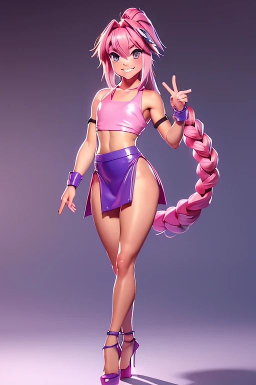 mini thong, long braid, very high ponytail, femboy, Walking, happy, sexy, micro thong, cute bulge, micro crop top, sexy mini skirt, sexy pose, not penis, not nipples, only astolfo, picture of all body, pink hair, formal blouse, happy smile, long latex gloves, bikini bulge, golden dress, high heels