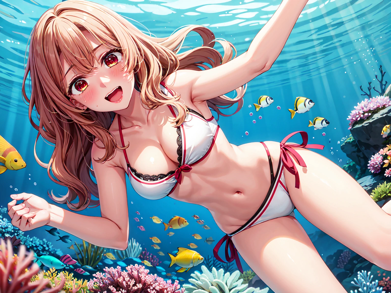 Masterpiece ,best quality , high resolution , ultra detail , (1 girl solo:1.3) , (Miyako Saitou, long hair, wavy hair, strawberry blonde hair, red eyes, empty eyes,) , (cleavage:1.3) , (medium breast:1.3) , (Swimming or Snorkeling Outfit: Bikini , Legs  , thighs , Swimming) , undersea , ocean , fish , plant , ( full face blush , shy , smile , open mouth) , (face viewer , look at the viewer)