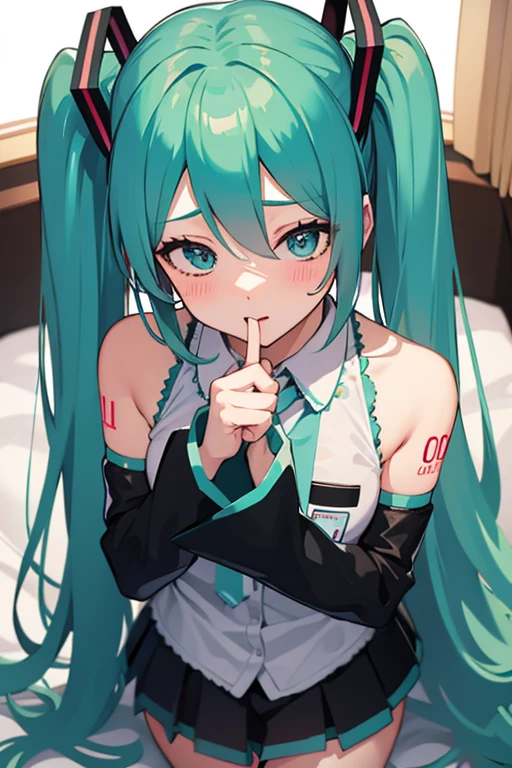 hatsune miku, cheeleader, cat ears, sucking fingers, red eyes