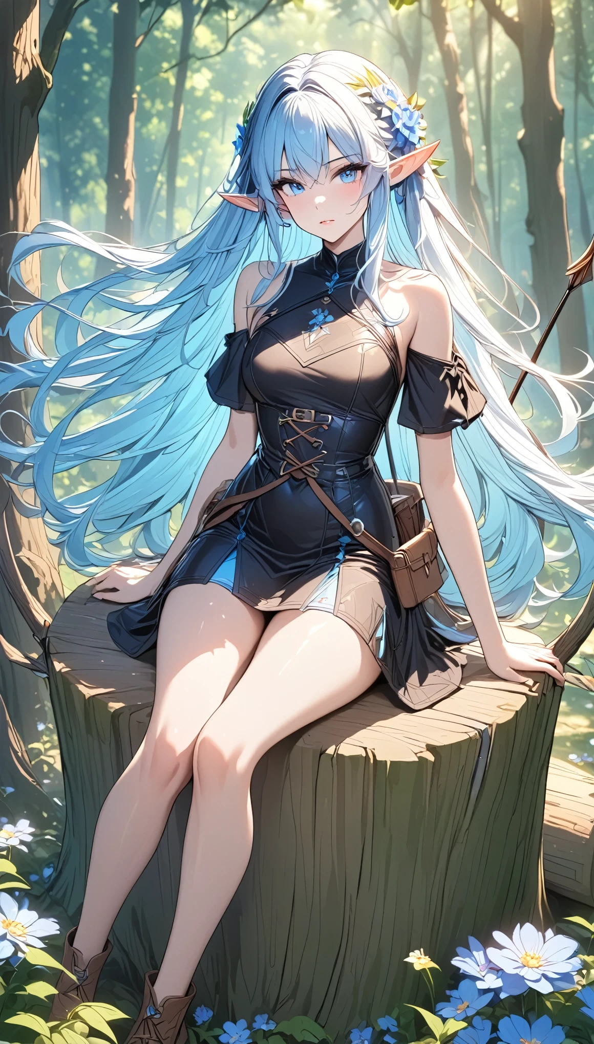 (masterpiece), high details, high quality, (best quality), (super detail), perfect detailed eyes, perfect detailed face, elf, light blue hair, messy hair, floating hair, big hair, very long hair, flower on head, pointy ears, Hanging Eyes, Hunter, ((Archer)), (Bow and arrow), In the forest, sunlight filtering through the trees, feet on a stump, A dress that exposes the shoulders
