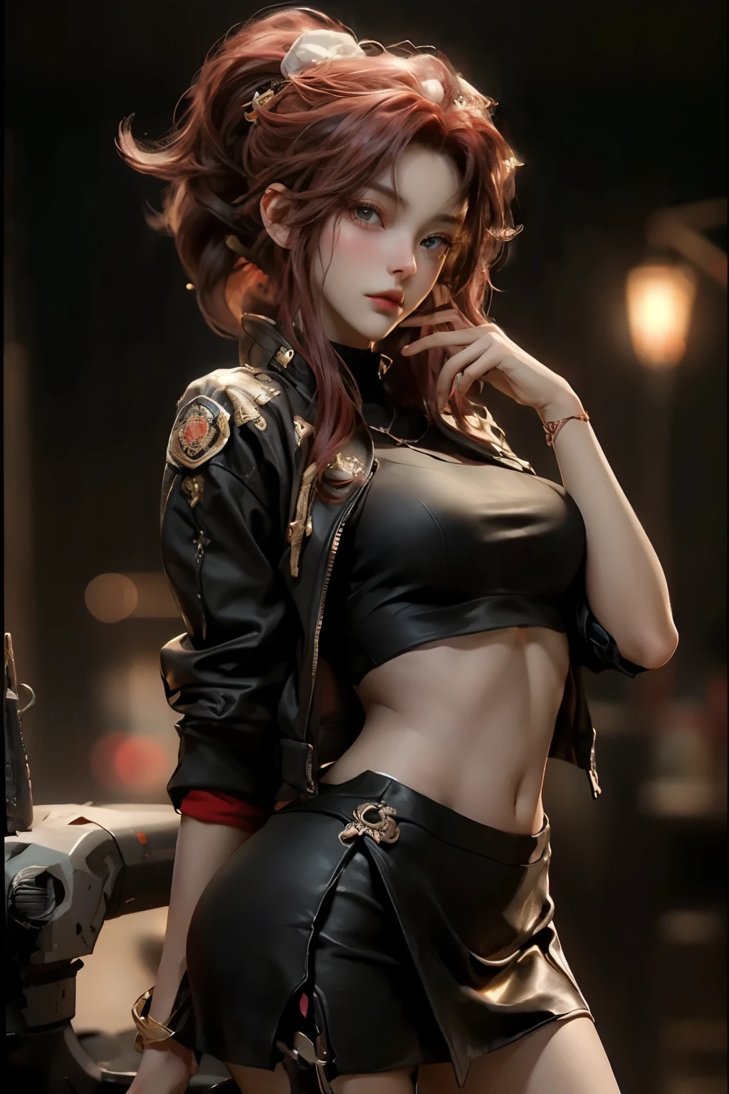 ((best quality)), ((Masterpiece)), (details:1.4), 3d, Image of a beautiful cyberpunk woman., HDR (high dynamic range), mature woman, เหมือนจริง, High ponytails, Red hair, Blue eyes, future police, PBR surface, After processing, Anisotropic filtration,depth of field, Maximum clarity and clarity, multi-layered surface, perfect proportions, 8K raw files, cyberpunk, at night, ผมหลายชั้น, red short skirt, natural lighting, soft lighting, sunlight, หน้าอกใหญ่, a woman wearing a black gothic style military uniform, black military hat with gold details, iron cross symbol on the military hat,