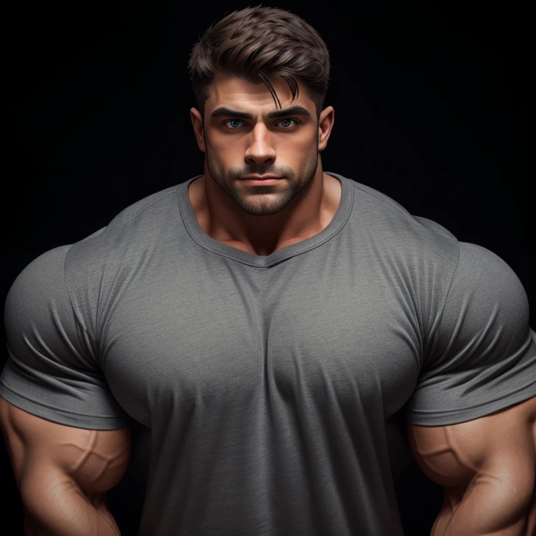 a very handsome adult man with blue eyes, with Mid fade haircut, massively muscular, with massively large muscles, with muscular body, wearing a dark gray shirt, unposed, seen up close