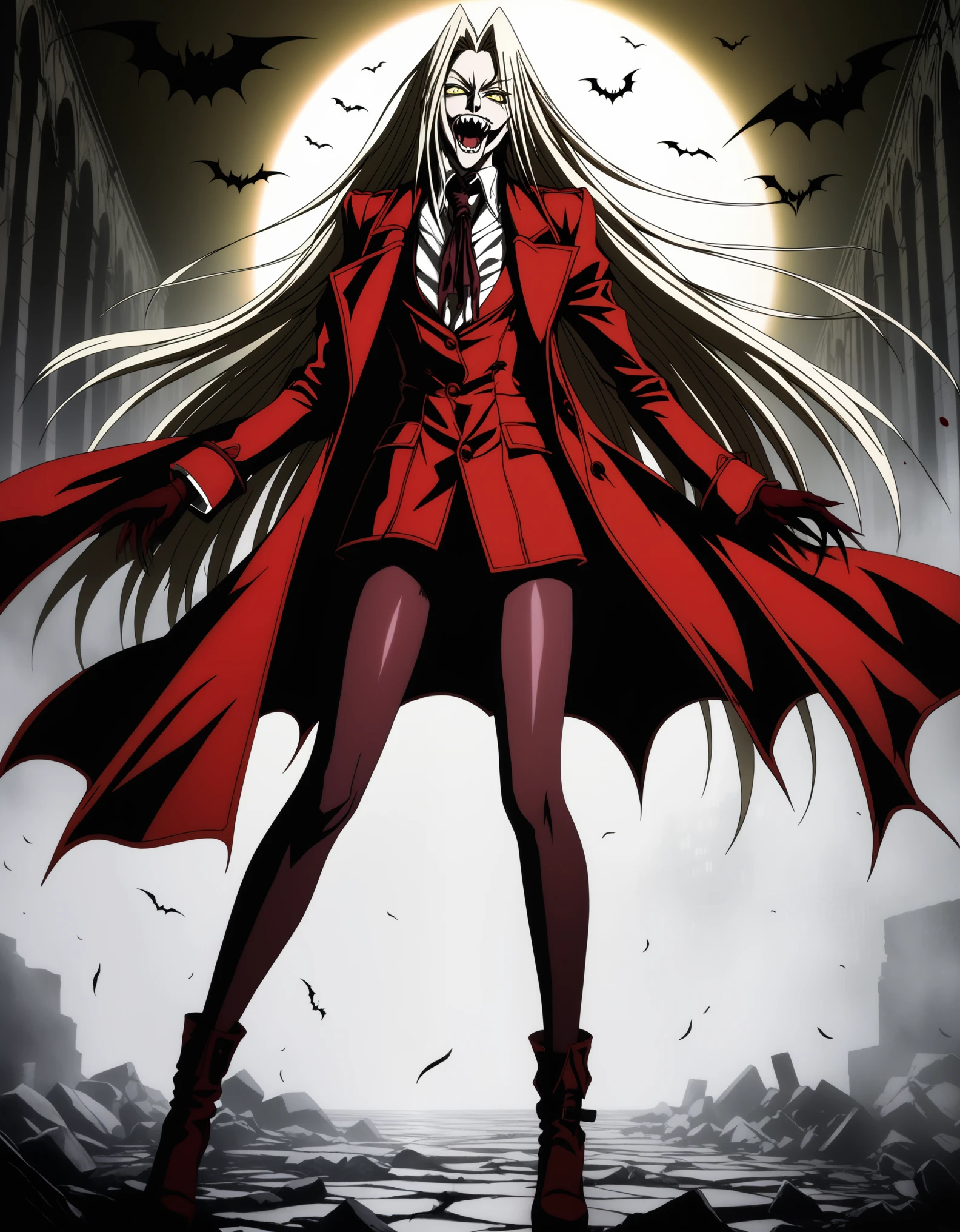  integra Hellsing, Integra, solo, score_9, score_8_up, score_7_up, BREAK solo, integra hellsing, full body, radeyes, vampire, vampire fangs, long fangs, blood on fangs,