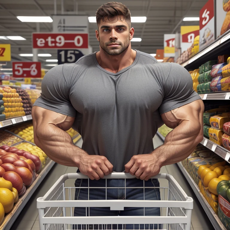 a very handsome man, big eyes, wearing a gray t-shirt, very muscular, very big muscles, in a supermarket