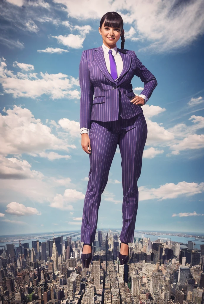 Young massive Gigantic giantess woman bigger the whole cities, beautiful curves a massive thighs, hair in a long fishtail braid, lipstick wearing a perfect perfect tailored grey pinstriped trouser suit and blazer, crisp white shirt and large broad purple windsor knot tie,colossal breasts. Platform high heels , standing, giantess art, full body view, highly detailed massive giantess shots dwarfing cities, giantess, most detailed, perfect face, Two legs, Five fingers, short hair, A girl who is bigger than a skyscraper, standing on very small city new york, skyscarpers at their feet, skyscrapers small, smile, huge breasts, major metropolis, numerous cities, , A very small big city, Miniature metropolis, Full body description, GTS, giga giantess, gigagts, stomping city, crash city, tiny city, micro city, , High resolution, highest quality, masterpiece,  tiny destroyed skyscrapers city, illustration, skyscrapers size of small toys standing behind and very far away from city, (masterpiece, best quality, best shadows, best shading, perfect hands, perfect face, cinematic lighting, colorful, ultra-detailed, beautiful photography, character focus, extremely-detailed, photorealistic, hyper photorealism, atmospheric), ), (giantess, stereotypical office boss), (dirty, filthy, unwashed, sweaty, unkempt, happy, tired, exhausted, annoyed), ((walking, mid stride:1.2, stepping down on:1.2, stomping, crush, rampage)), (black patent Louboutin rounded toe pumps, high heels, platform heels), ((,)), ((long ponytail hair with front bangs)), (high altitude photography, satellite view), (curvy, , heaving bosom, legs), (mega city, urban sprawl, and small towns, buildings, roads), (((cloudy, overcast, clouds and atmosphere partly obscuring the subject:1.2, hazy atmosphere, haze in foreground, wispy clouds))) footprints warzone 