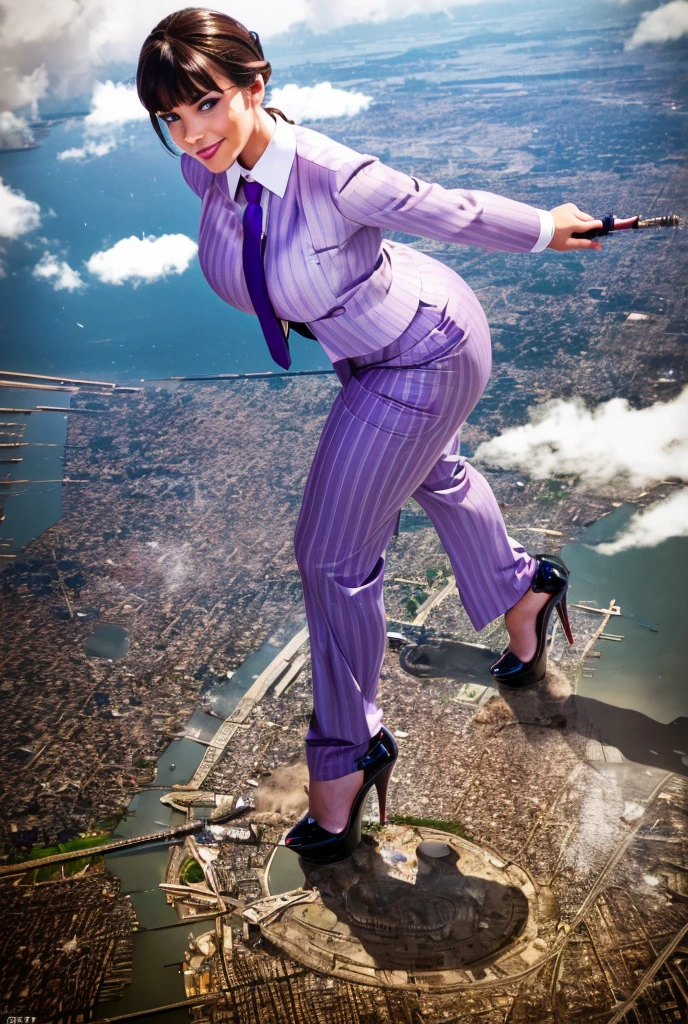 Young massive Gigantic giantess woman bigger the whole cities, beautiful curves a massive thighs, hair in a long fishtail braid, lipstick wearing a perfect perfect tailored grey pinstriped trouser suit and blazer, crisp white shirt and large broad purple windsor knot tie,colossal breasts. Platform high heels , standing, giantess art, full body view, highly detailed massive giantess shots dwarfing cities, giantess, most detailed, perfect face, Two legs, Five fingers, short hair, A girl who is bigger than a skyscraper, standing on very small city new york, skyscarpers at their feet, skyscrapers small, smile, huge breasts, major metropolis, numerous cities, , A very small big city, Miniature metropolis, Full body description, GTS, giga giantess, gigagts, stomping city, crash city, tiny city, micro city, , High resolution, highest quality, masterpiece,  tiny destroyed skyscrapers city, illustration, skyscrapers size of small toys standing behind and very far away from city, (masterpiece, best quality, best shadows, best shading, perfect hands, perfect face, cinematic lighting, colorful, ultra-detailed, beautiful photography, character focus, extremely-detailed, photorealistic, hyper photorealism, atmospheric), ), (giantess, stereotypical office boss), (dirty, filthy, unwashed, sweaty, unkempt, happy, tired, exhausted, annoyed), ((walking, mid stride:1.2, stepping down on:1.2, stomping, crush, rampage)), (black patent Louboutin rounded toe pumps, high heels, platform heels), ((,)), ((long ponytail hair with front bangs)), (high altitude photography, satellite view), (curvy, , heaving bosom, legs), (mega city, urban sprawl, and small towns, buildings, roads), (((cloudy, overcast, clouds and atmosphere partly obscuring the subject:1.2, hazy atmosphere, haze in foreground, wispy clouds))) footprints warzone 