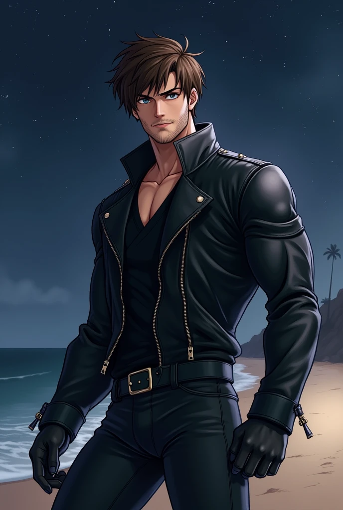 kdash, 1boy, solo, necklace, black leather jacket, leather pants, masterpiece, sitting. sunset, (in a beach, sea:1.2), raw photo, highres, sharp picture, cinematic lighting, white hair, red glove, intricate details, handsome man , detailed eyes<lora:GoodHands-beta2:1> <lora:KDashKOF-000004:1>