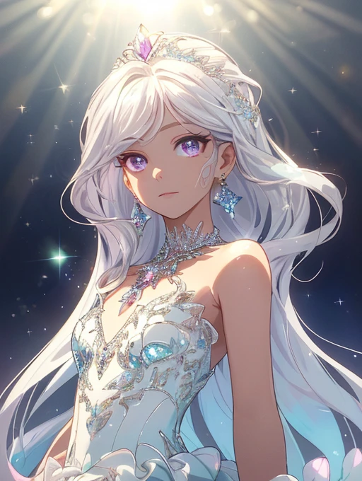 masterpiece, highest quality, figure, alexandrite eyes and hair, platinum earrings, Platinum Necklace, white dress, The Little Mermaid, cute, (dynamic lighting:1.2), cinematic lighting, delicate features, fine eyes, sharp pupils, realistic student, Depth of bounds written, Bokeh, sharp focus, (very detailed, bloom, shine:1.4), Many Small Gems