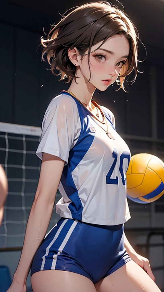 Cute teen Eurasian girl serving jump in the gym wearing sexy and alluring volleyball uniform