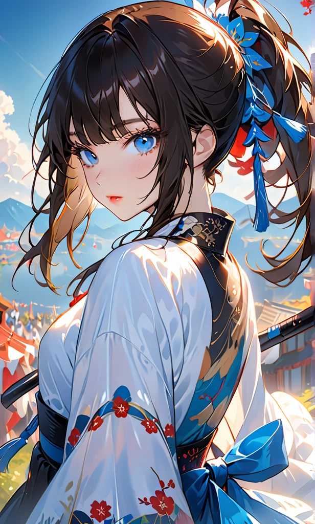 The background is a festival.，(Highest quality,Details a lot,high resolution:1.2),Beautiful girl，Blue eyes,Straight brown-black hair,Brown bangs，a lot_long eyelashes, Lip details, looks cool lot, Soft skin, Shiny hair,Exquisite make-up,Look back at me, Long-range view