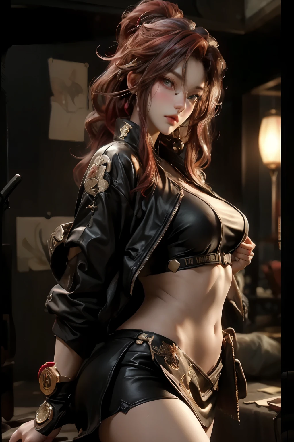 ubel,dark green hair,long hair,side ponytail,hair between eyes,bangs,  (beret, black jacket, open clothes, cleavage, midriff, (Make the subject look three-dimensional with the contrast of light and shadow),Cute and beautiful 22yo girl,(masterpiece:1.2), best quality, high resolution, unity 8k wallpaper, (illustration:0.8), (beautiful detailed eyes:1.6), extremely detailed face, perfect lighting, extremely detailed CG, (perfect hands, perfect anatomy),Brown hair,watching at viewers,black suspenders,(Bulging ,big breasts:1.1),tacticul jacet,Black miniskirt,garters,Gaze,Small face,bangss,holster,Belt Armament,Beautuful Women　srestrained,hands up,sitting Lying in bed,Leg holster ,Gaze,black boots,panty shot