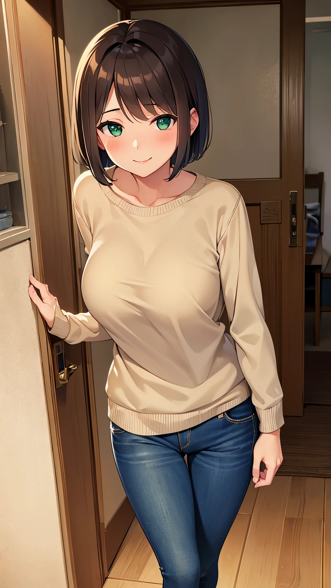 /(Modern house interior/), Only one woman, Mature Woman, /(Random color ribbed sweater/), A gentle blushing smile, (Masterpiece Top quality:1.2) Delicate illustrations, Very detailed, ((Sweat, vapor)), In front of the entrance door, visit, (Full Shot)