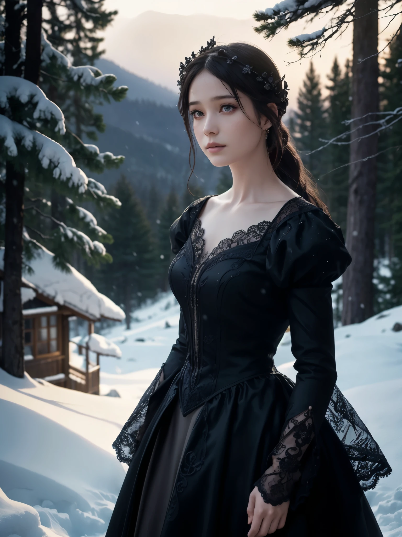 girl, lavish gothic garb gown, painstaking lace, intricate details, detailed face, looking at viewer, sharp focus, steep hill, snowy hill, snowing, pine forest, pine trees, snow particles, warm feeling, warm light, (photorealistic, highest quality:1.4), rough rocks, blurry background, bokeh,