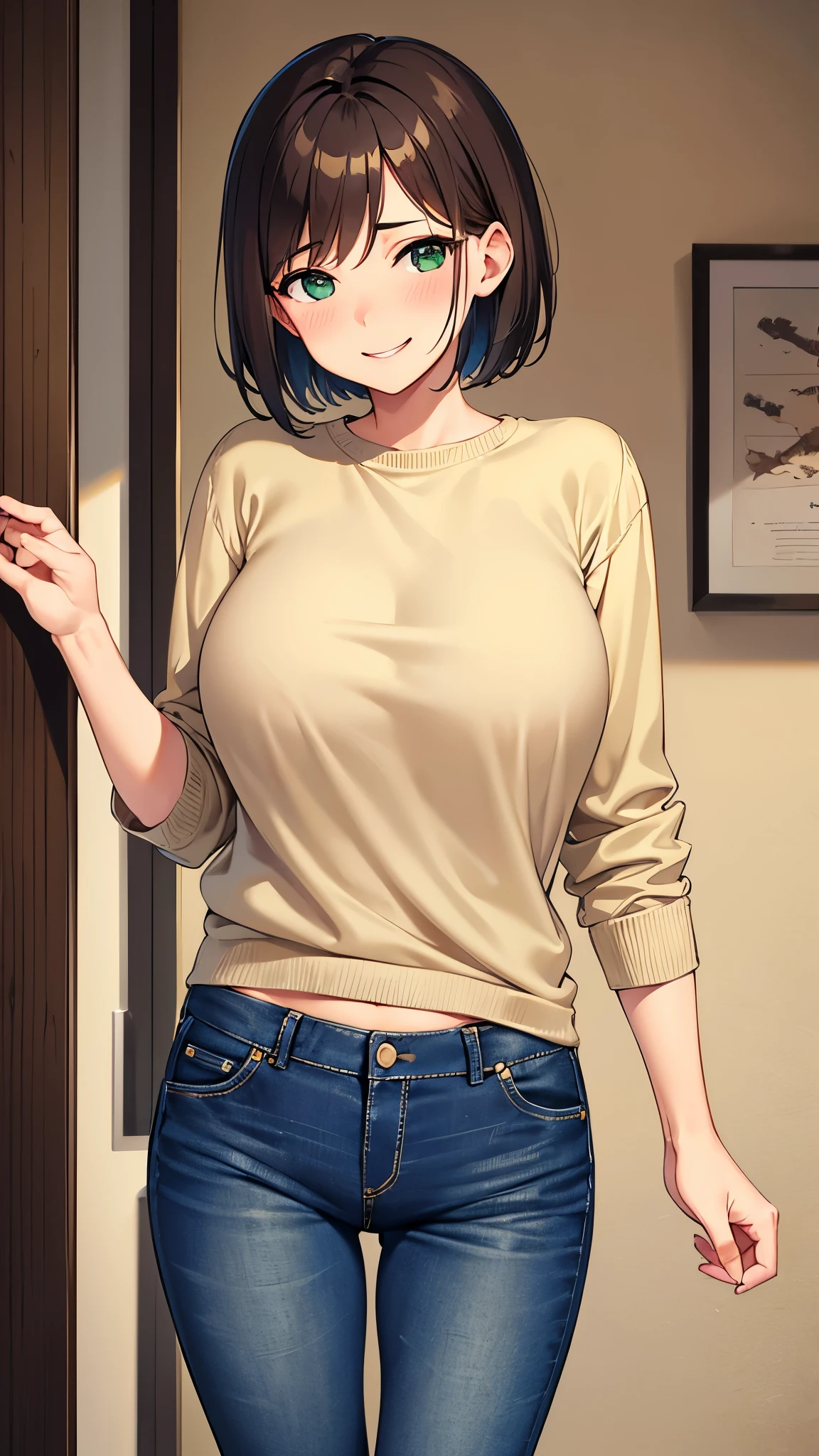 ((1 girl)), 1 face, sitting on bed, (((wariza))), full opened legs, (girl in skinny tight navy jeans), (long jeans), (navy jeans), ((jeans legs)), slim, slender, 17 years old, (short bob cut), ((black hair)), bangs, nose blush, full opened eyes, round mouth, drool, orgasm, (white shirt), hard nipple, pink nipple, (((embarrassed))), hard sweat, ahegao, detailed face, blue eyes, japanese, detailed jeans, detailed cloth, high quality, small breast