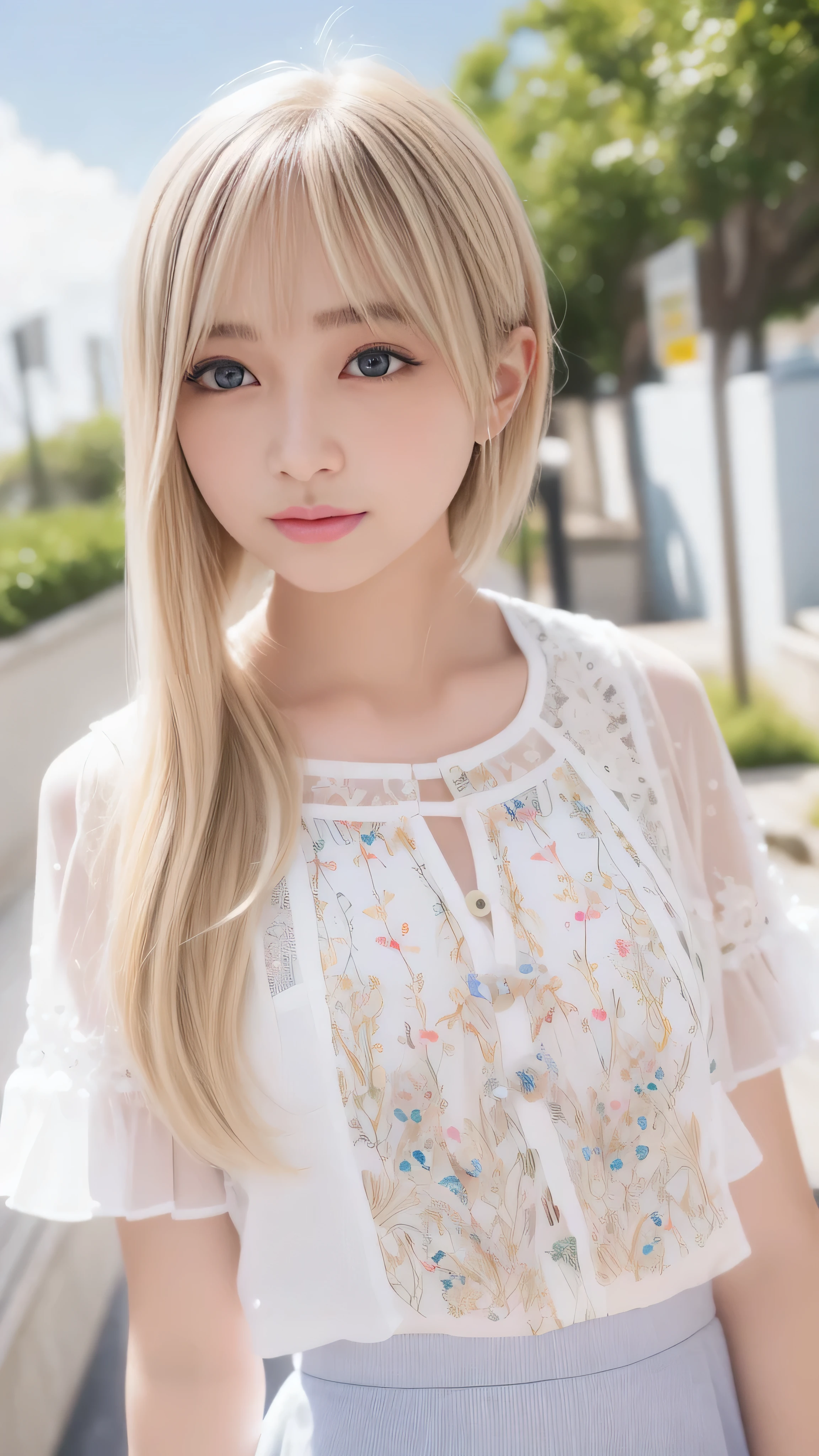 最high quality, masterpiece, High resolution, One girl, White flared chiffon short dress, smile, Mouth closed,lips, Blonde long hair, Beautiful eyes in every detail,Fine eyelashes, Beautiful Face,On top of that_body, Tyndall effect,Realistic, Rim Light, Two-tone lighting,(Skin with attention to detail:1.2), 8K Ultra HD, Digital SLR, Soft lighting, high quality, Volumetric lighting, Frank, photograph, High resolution, 4K, 8k, Bokeh, In the downtown area, afternoon