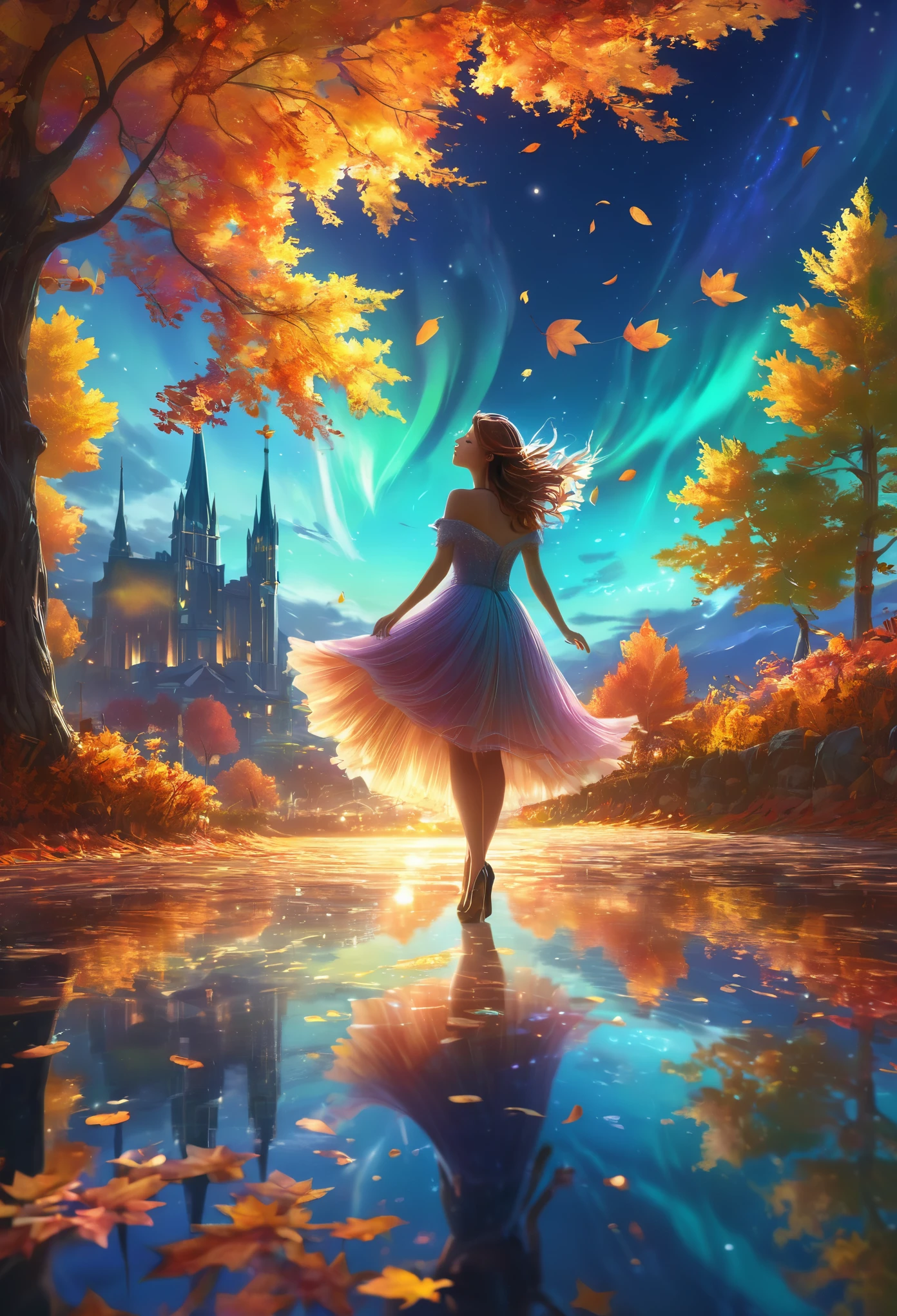 ((masterpiece, best quality)),(complex light),trending, high quality, realistic, intricate detailed, graceful and beautiful textures, 16K,aurora light,very bright view,Autumn style,cozy atmosphere, daytime sky,dancing autumn leaves, pixiv,fun,beautiful background, reflection, hologram,depth of field,fantastical elements,fantasy,
