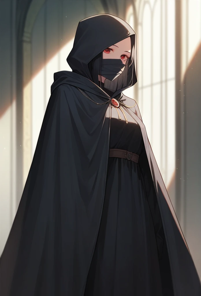 1mysterious girl, wearing a hood、Wearing a black blindfold that covers your eyes, Wearing the clothes of a dark priest