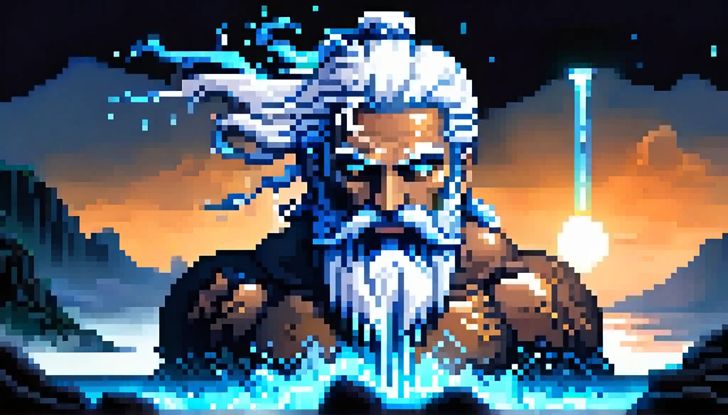 (Pixel art), dark, fantasy, rpg, game asset, create cinematic picture where a titan that look like a ancient greek god with white hair and beard that looks wise and kind is pouring blue energy on the Earth