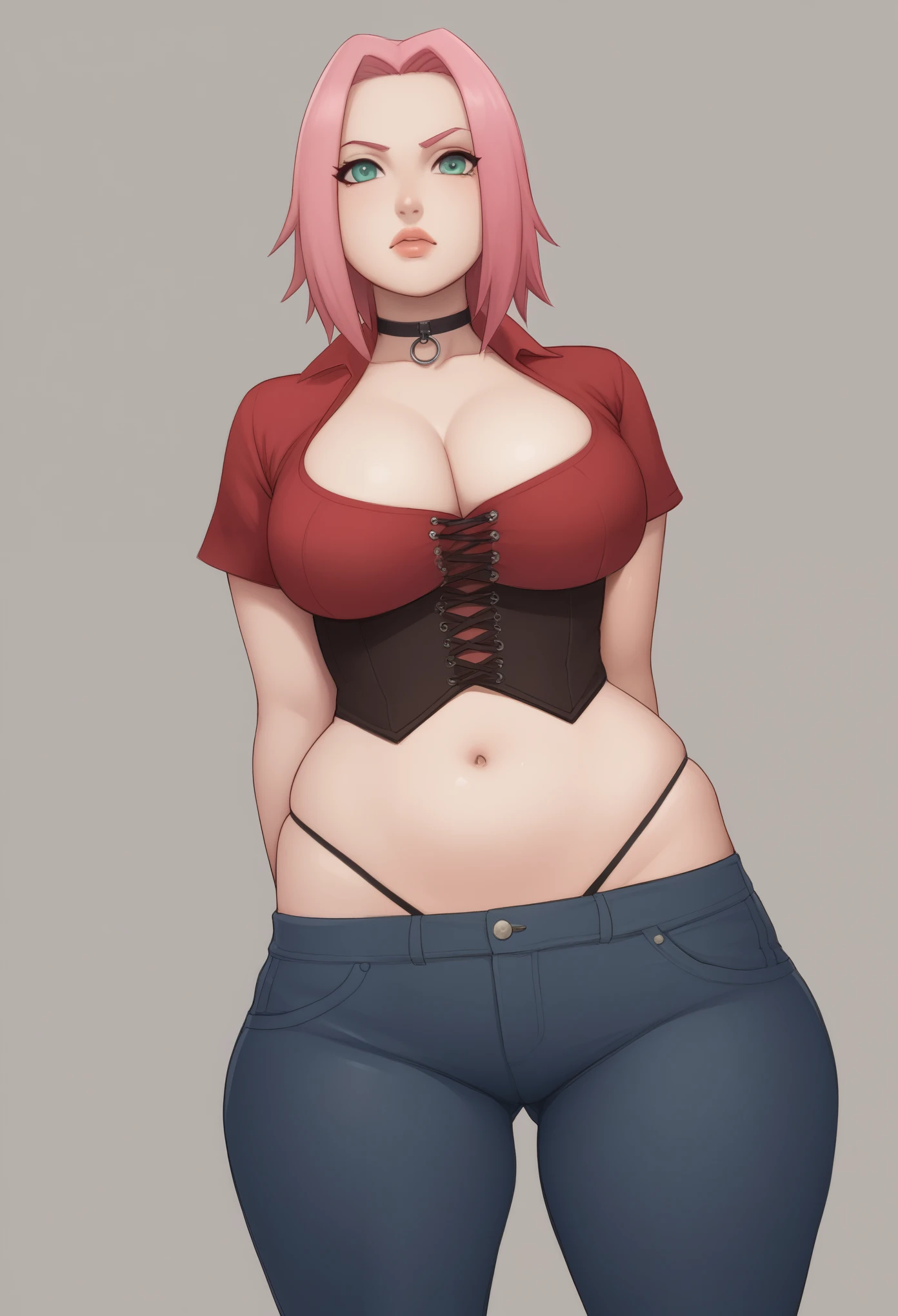 Haruno Sakura. short pale pink hair, large light green eyes, a large forehead, thin lips, Huge saggy breasts and very bbw. huge hips. An angry expression on his face. choker. corset. bar. (thong outline under pants), (thong showing pants slightly down), bend over, bar