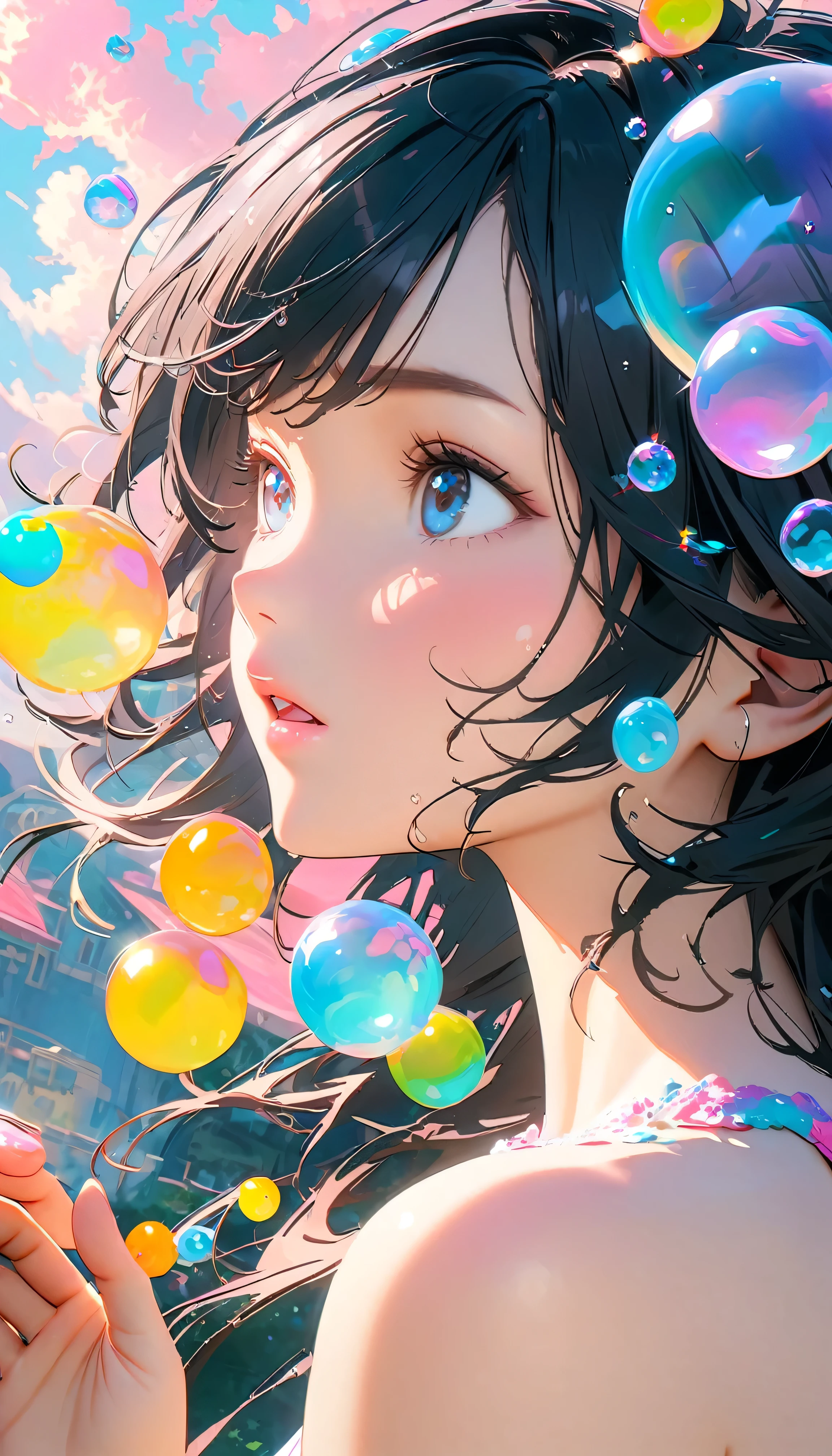 Best Quality, Super Fine, 8k, Unbelievably absurd, Very detailed, 2.5D, Beautiful Goddess, Soap bubbles, Pastel colored clouds, Sunshine, Pop Art, Delicate and dynamic, Pastel color fantasy, Black Hair, Official Art