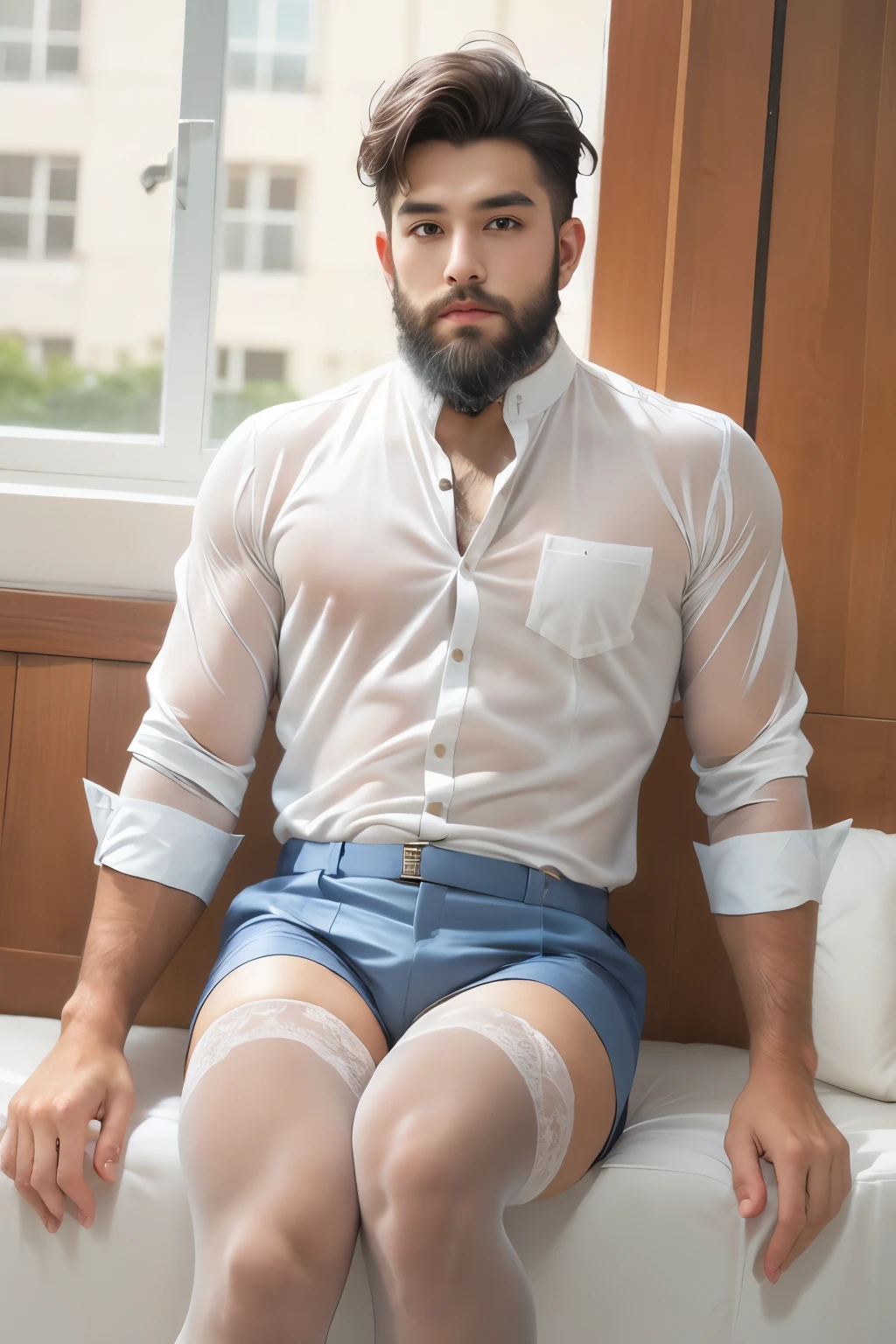 1 boy,lace stockings,Wear a shirt，beard，gay