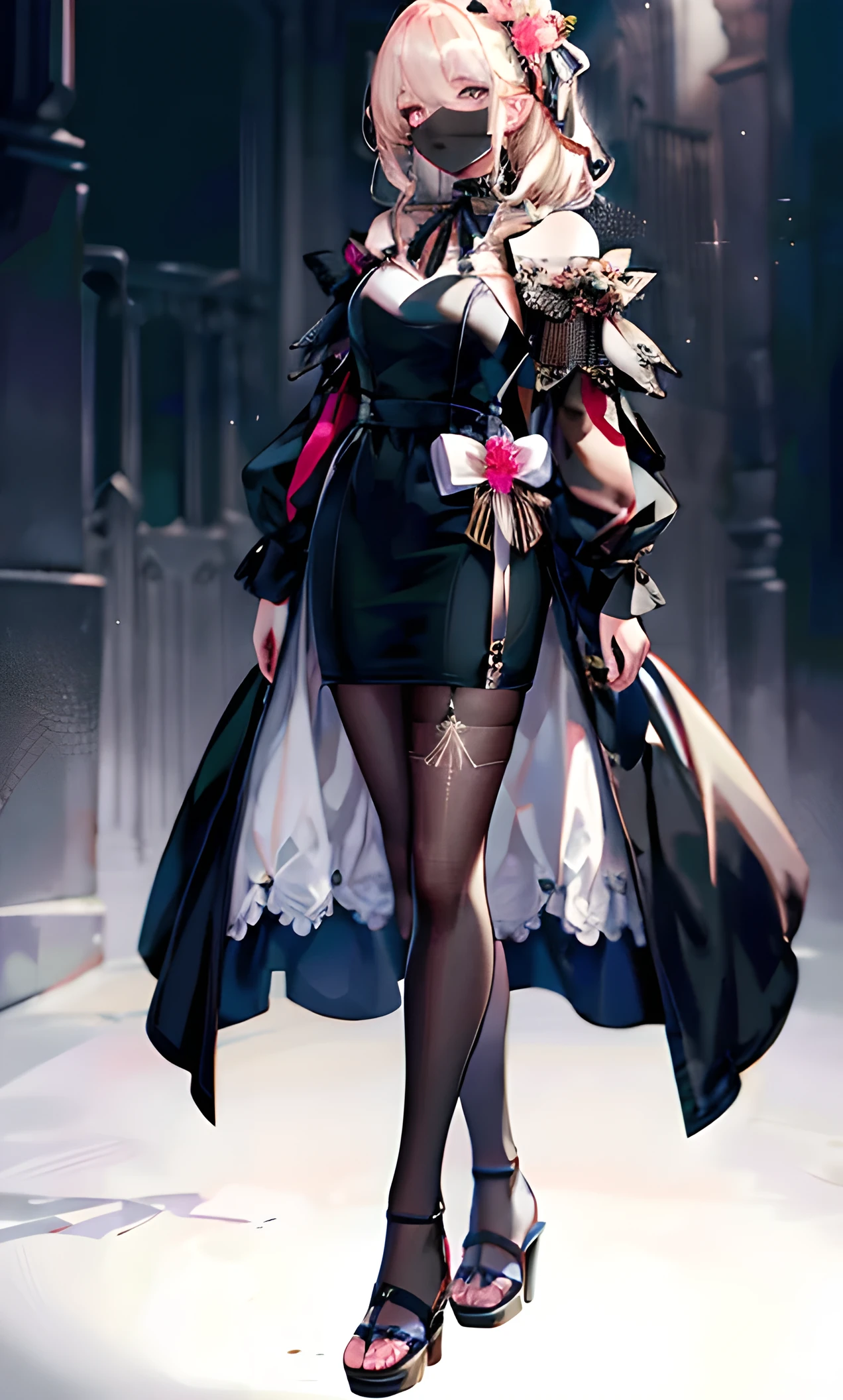 (masterpiece,best quality:1.4),1girl,(solo:1.2), pantyhose, dress, pink hair, multicolored hair,gloves,blue hair, short hair, two-tone hair,full body, puffy sleeves, black gloves, breasts, black dress, elbow gloves,standing,black footwear, black pantyhose,shiny legwear,juliet sleeves, high heels, closed mouth, looking at viewer, blue eyes, medium breasts, long sleeves, bangs, green eyes,(cover-style:1.3),background, elements, confident, expression, holding, statement, accessory, majestic, coiled, around, touch, scene, text, cover, bold, attention-grabbing, title, stylish, font, catchy, headline, larger, striking, trendy, focus,