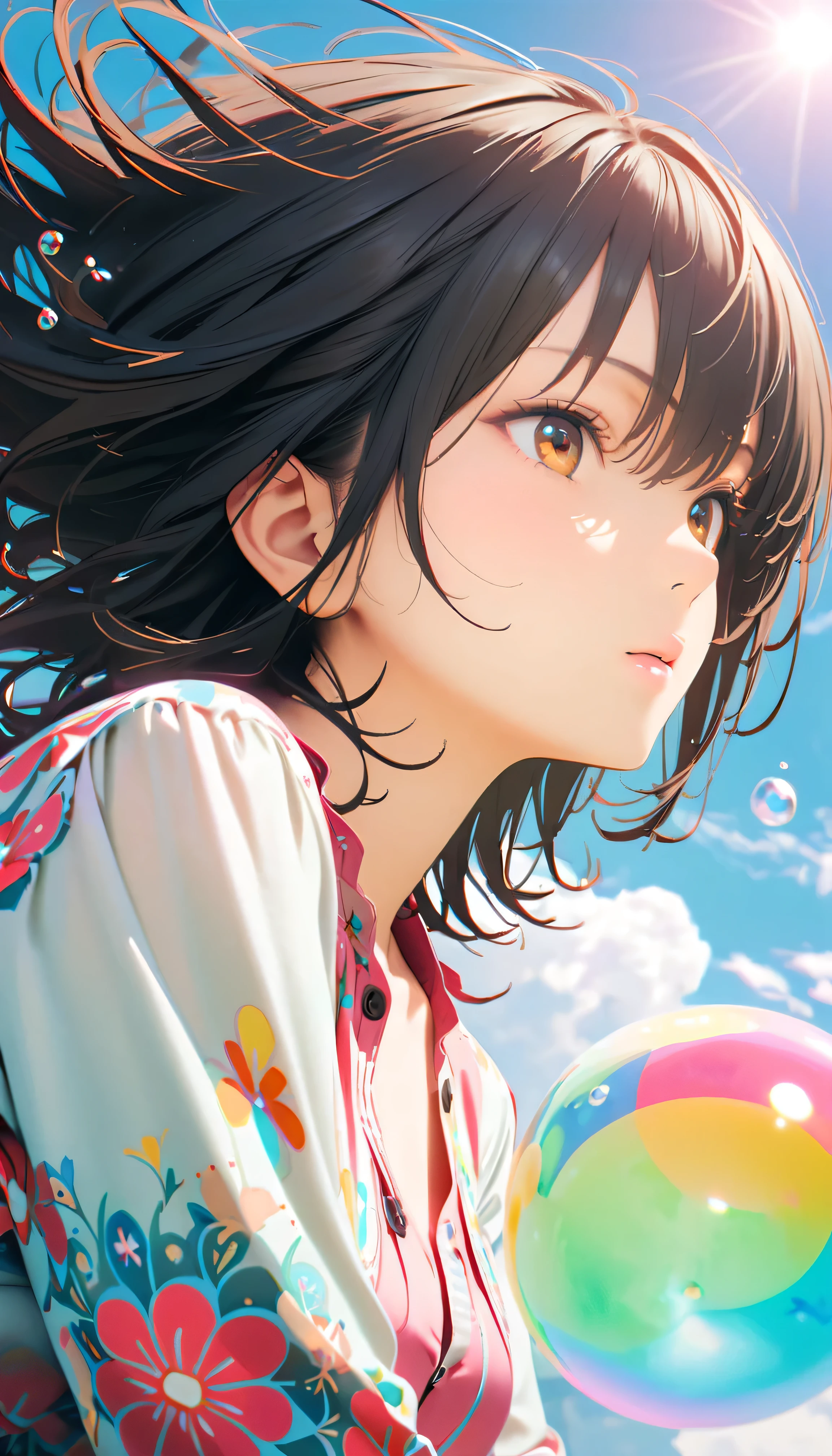 Best Quality, Super Fine, 8k, Unbelievably absurd, Very detailed, 2.5D, Beautiful Goddess, Soap bubbles, Pastel colored clouds, Sunshine, Pop Art, Delicate and dynamic, Pastel color fantasy, Black Hair, Official Art