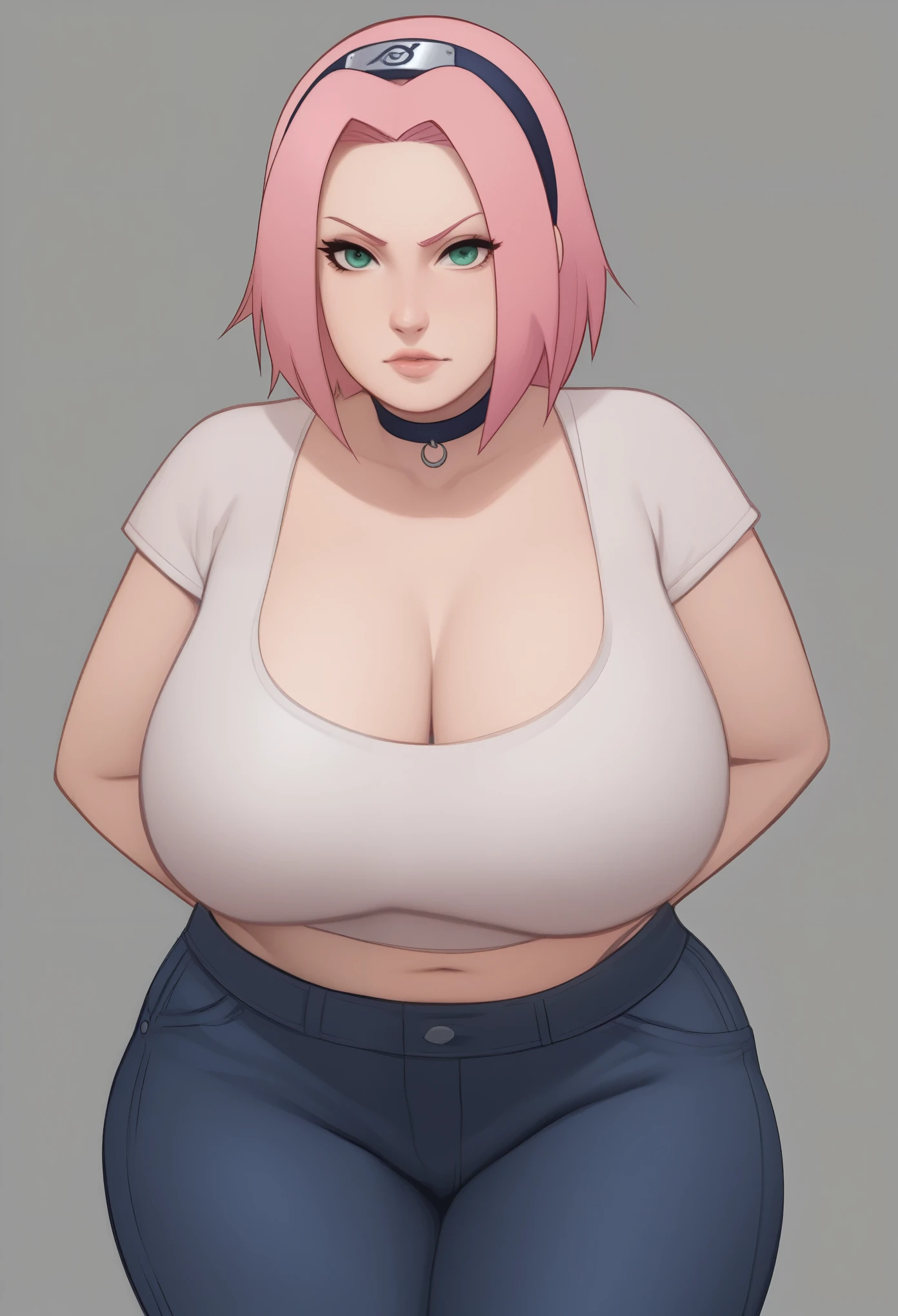 Haruno Sakura. short pale pink hair, large light green eyes, a large forehead, thin lips, Huge saggy breasts and very bbw. huge hips. An angry expression on his face. choker. shirt. bar. (thong outline under pants), bend over, bedroom