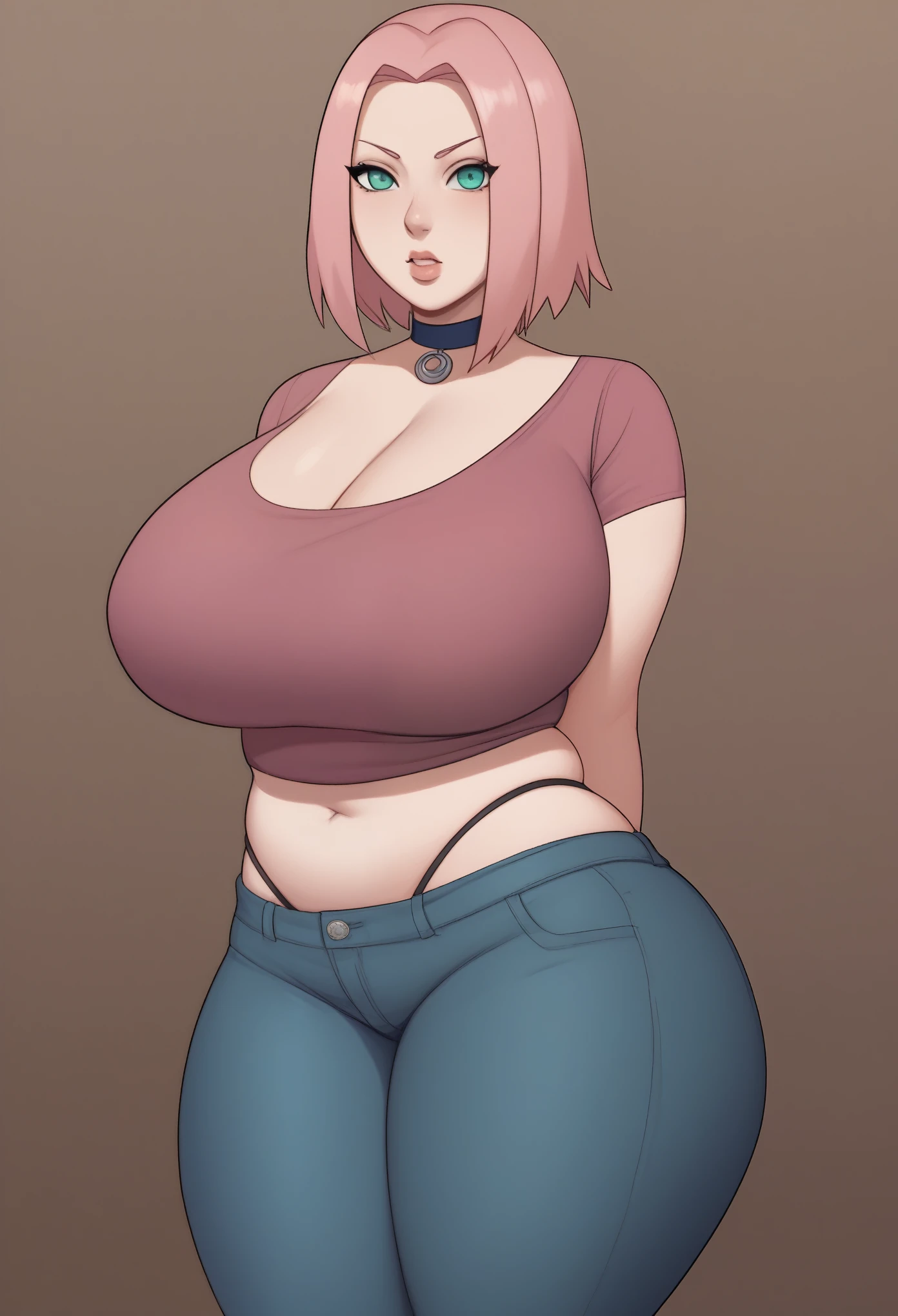 Haruno Sakura. short pale pink hair, large light green eyes, a large forehead, thin lips, Huge saggy breasts and very bbw. huge hips. An angry expression on his face. choker. shirt. bar. (thong outline under pants), bend over, bedroom