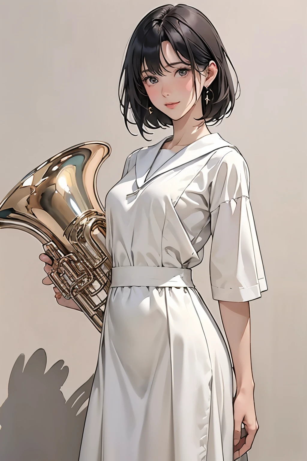 (1 person、Beautiful woman、)、(Playing the Euphonium)、(whole bodyを見せる)、(whole body、Natural standing posture、)、 (Detailed depiction of a beautiful face)、Smiling Kindly、Black Hair、French Bob、(Small breasts)、Slim figure、( White short-sleeved sailor dress:1.2、White long skirt)、、(Simple Background)、(Plain background)、(Plain Background)、Blur the background、Sargent-style watercolor、(Best Quality、masterpiece、High resolution)、4K Anime Art、(Character Concept Art)、