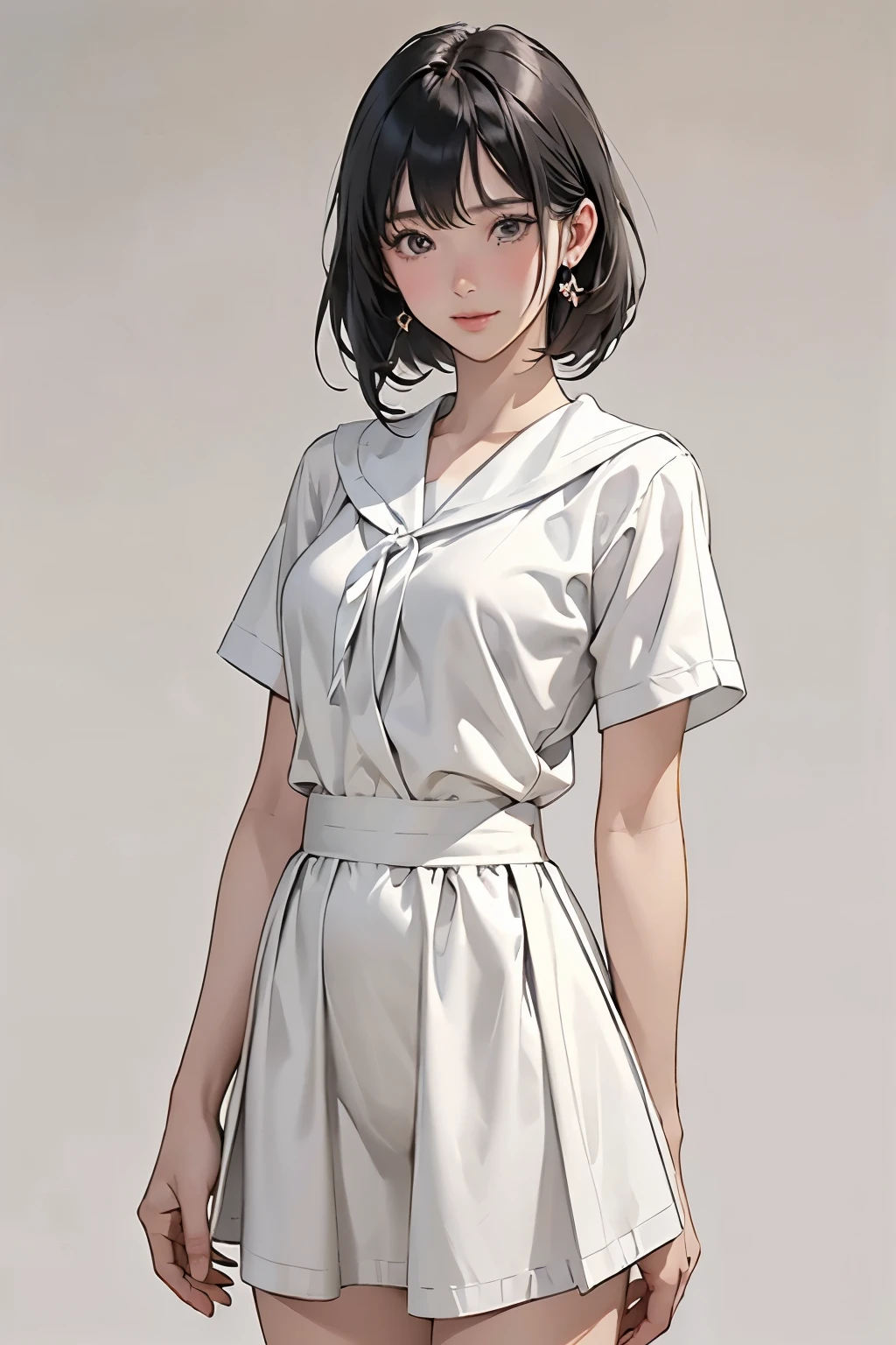 (1 person、Beautiful woman、)、(Playing the Euphonium)、(whole bodyを見せる)、(whole body、Natural standing posture、)、 (Detailed depiction of a beautiful face)、Smiling Kindly、Black Hair、French Bob、(Small breasts)、Slim figure、( White short-sleeved sailor dress:1.2、White long skirt)、、(Simple Background)、(Plain background)、(Plain Background)、Blur the background、Sargent-style watercolor、(Best Quality、masterpiece、High resolution)、4K Anime Art、(Character Concept Art)、