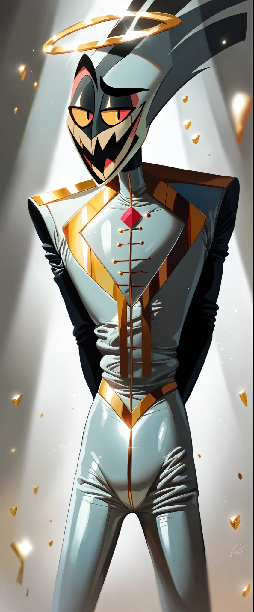 1boy, male, character is male, Adam (Hazbin Hotel), , (((((shiny white latex bodysuit with gold accents)))), helmet with yellow sclera, eyes and mouth, sinister smile, rendered in blender, hyper realistic, 8k, cinematic lighting, dramatic shadows, intricate details, photorealistic, hands behind back