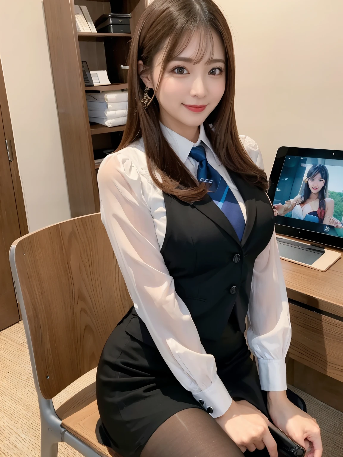 top quality photo, 30-years old、((a baby face)), film skin, femele, Clerk's Uniform, dropping eyes, sleepy, blush, Ecstasy face, Straddle me and put your panties on the edge of the counter, Open legs, raise leg, Open mouth, (masturbation), in a big office, ceiling, a necklace, earrings, Closes up long hair、a smile